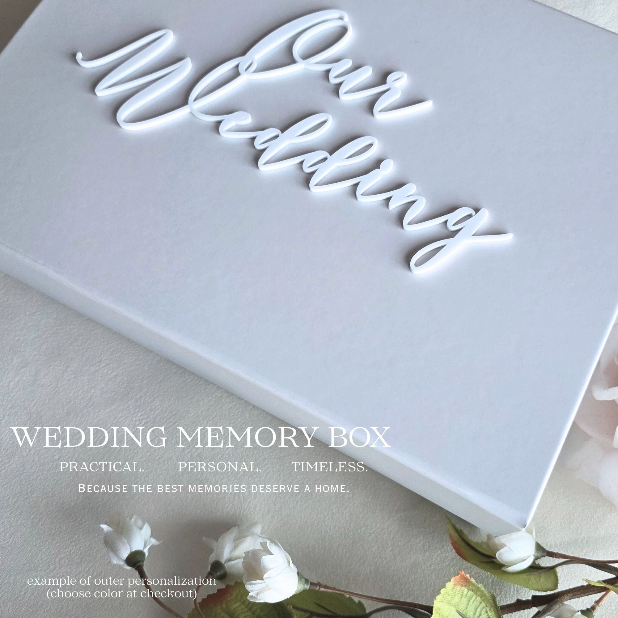White memory box for newlyweds with raised acrylic top detail and custom interior print