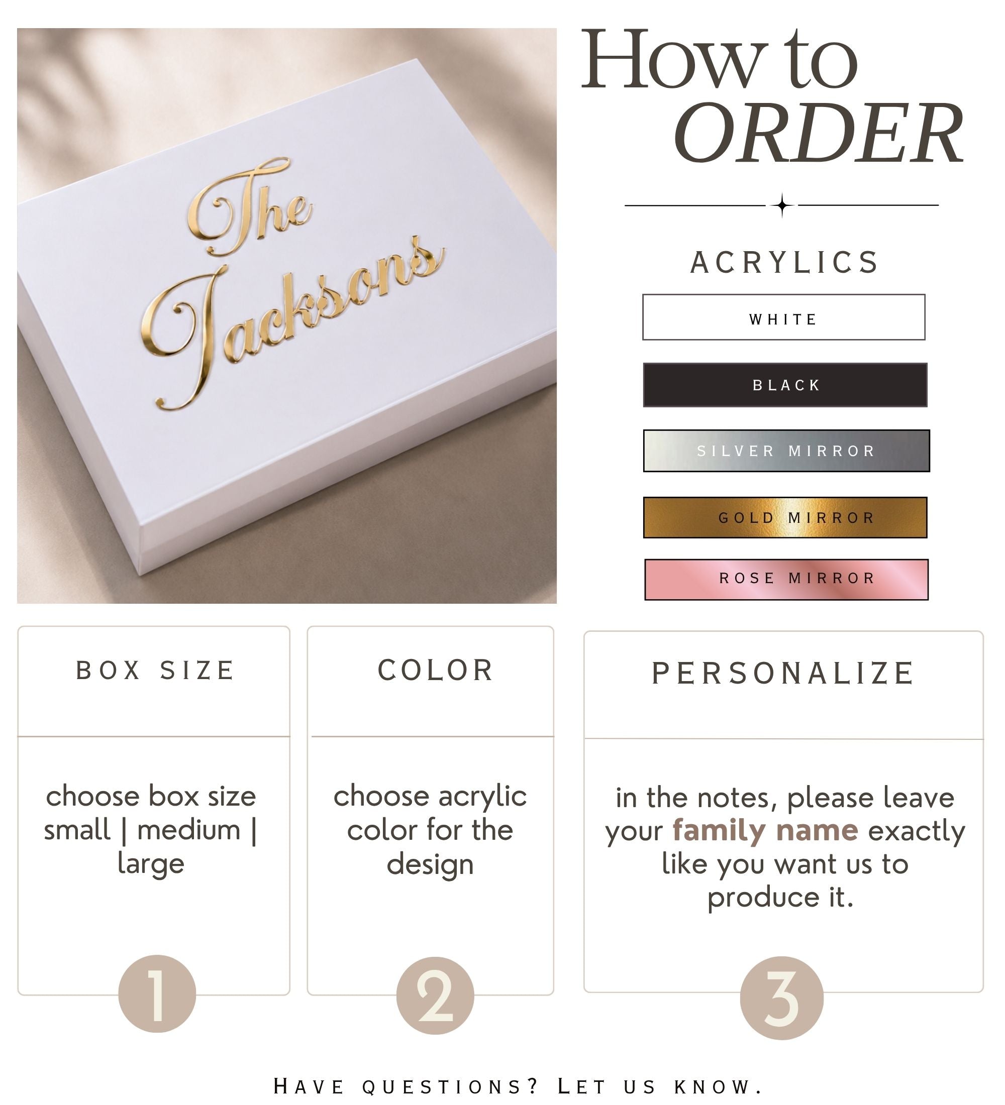 How to order guide showing the five acrylic finishes — white, black, silver, gold and rose mirror — with personalization steps