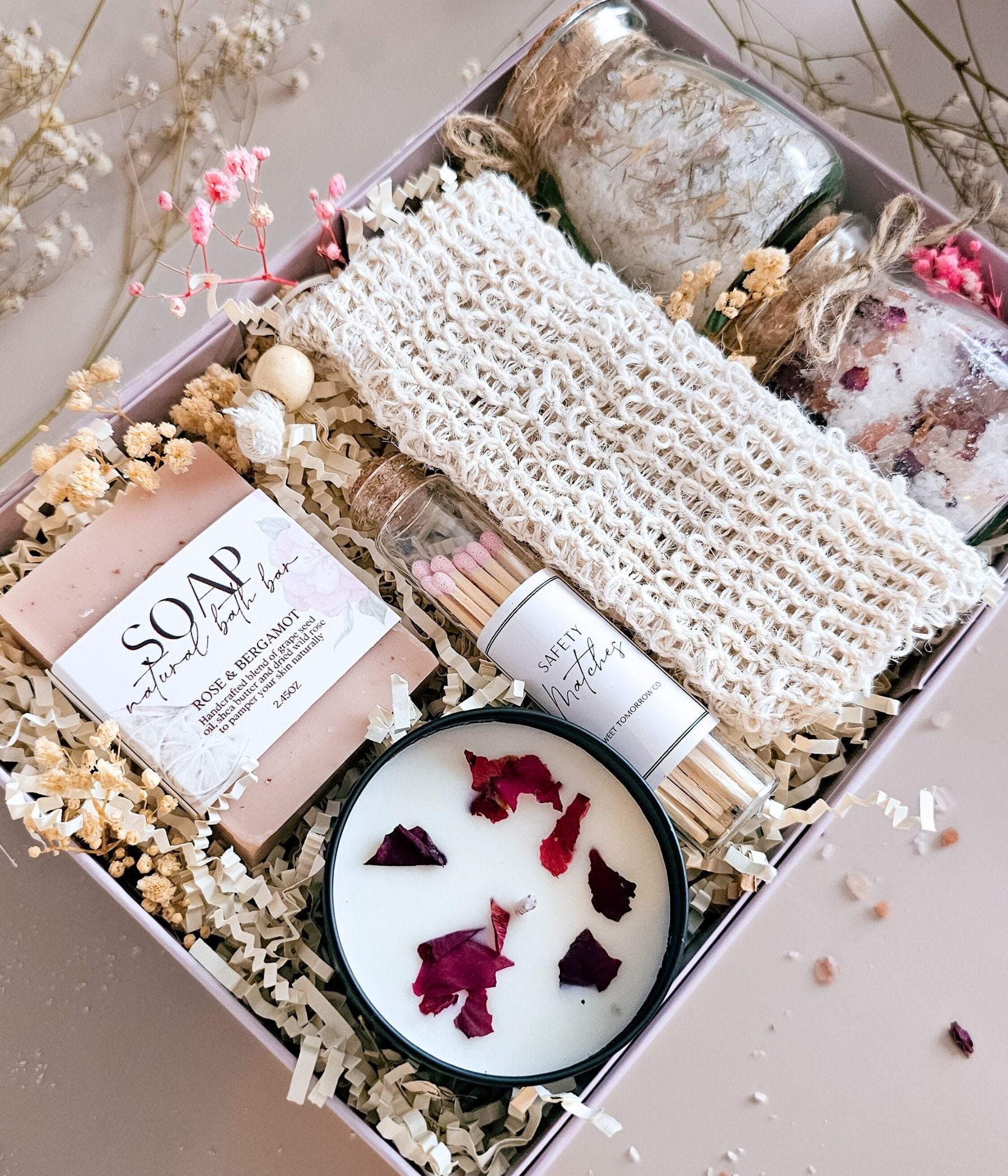 Premium self care gift box for her styled with natural bath products and dried florals