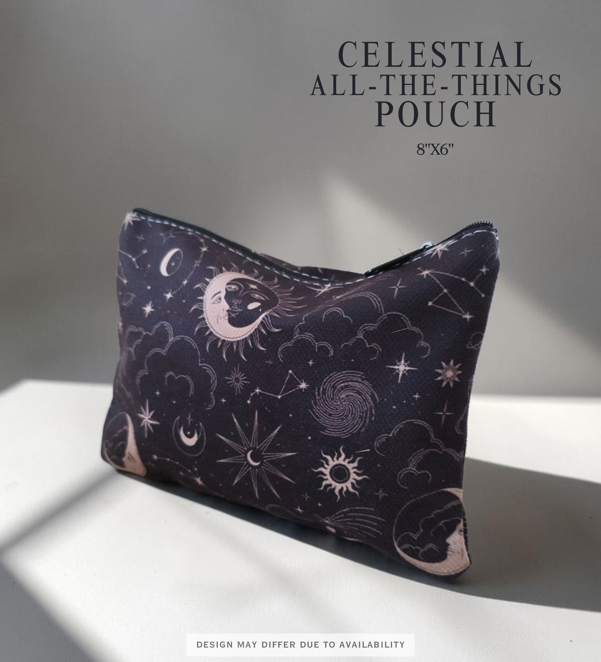 A celestial-themed zippered pouch with a dark navy blue background, featuring a pattern of pink and white crescent moons, stars, and clouds. The pouch is displayed on a white surface with soft shadows, with text overlays reading 'CELESTIAL ALL-THE-THINGS POUCH' and '8"X6"'.