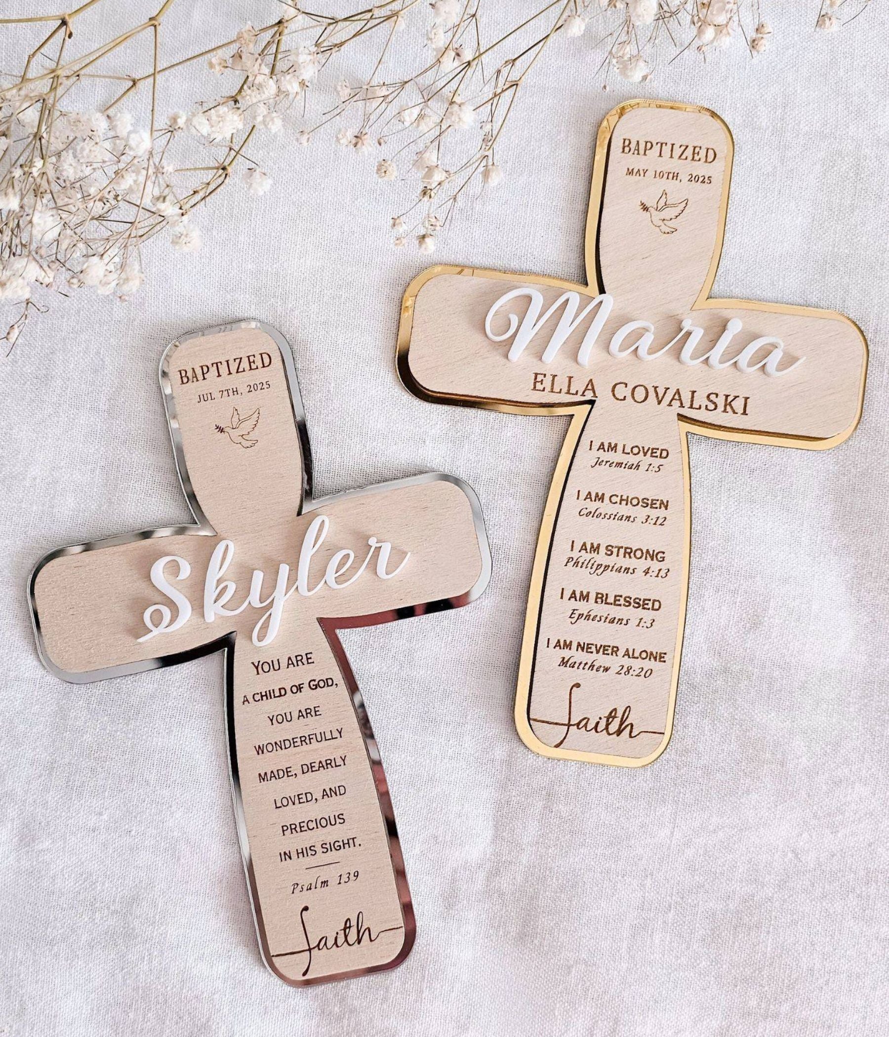 Personalized baptism cross keepsake with raised white acrylic name and gold mirror backing for nursery decor