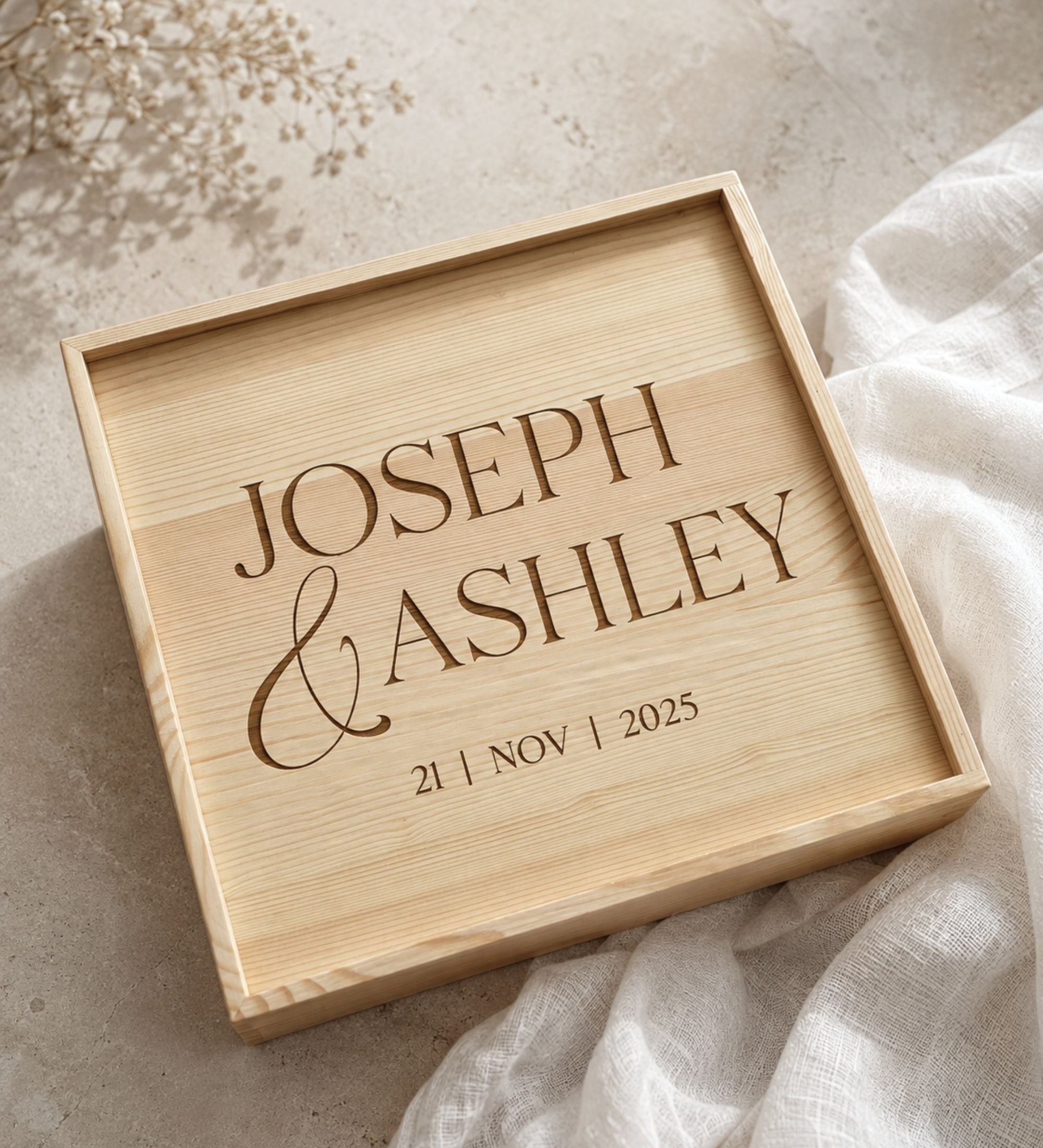 Engraved Wood Wedding Memory Box with Names and Date