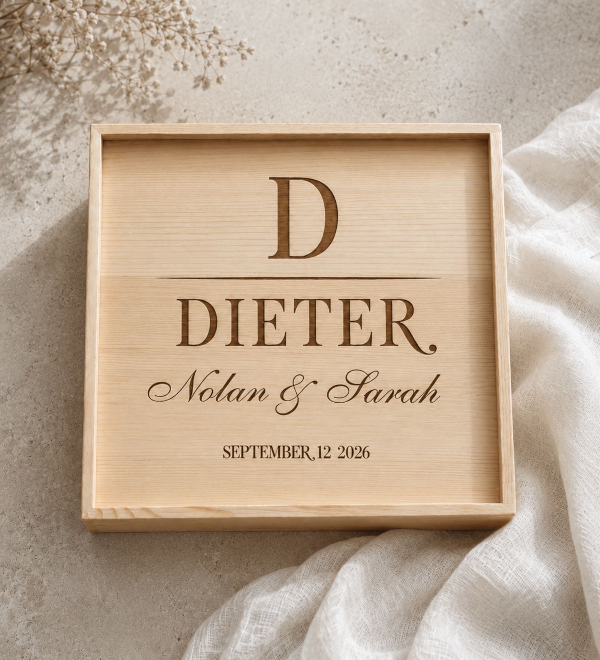 Engraved Wood Wedding Memory Box with Names and Date
