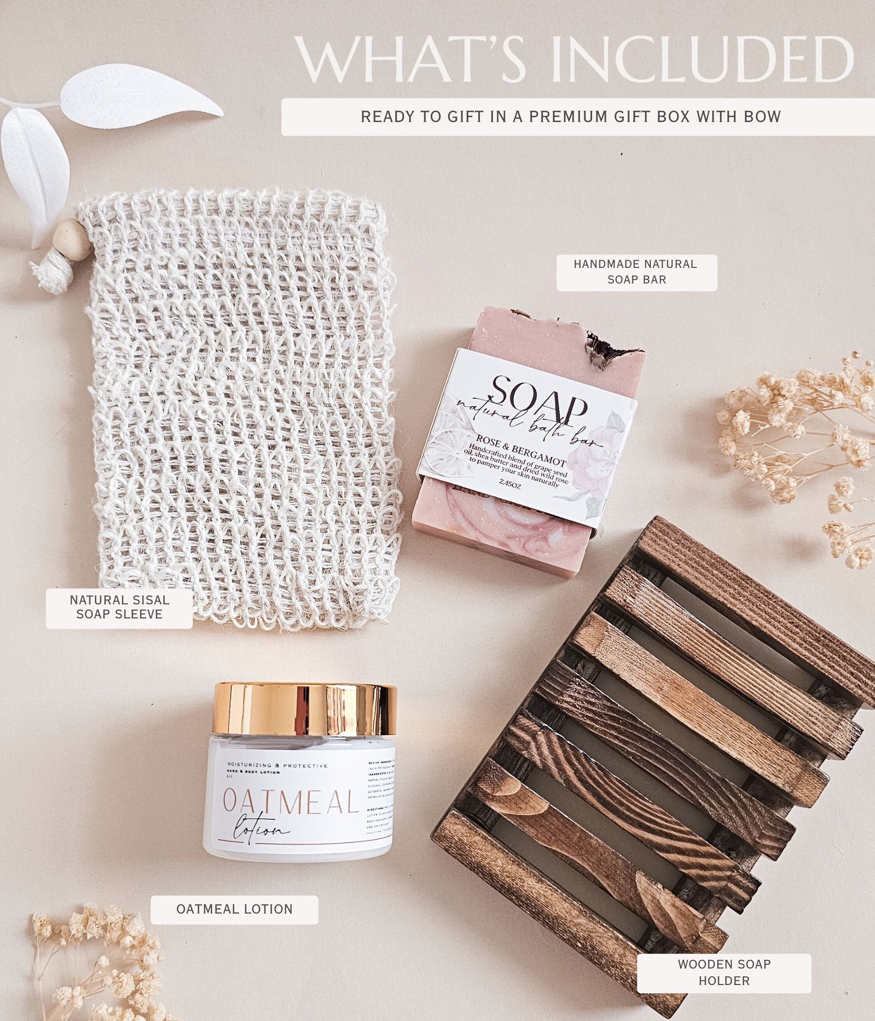 Cosmetic set with oatmeal lotion, soap bar, loofah, and wooden holder on a neutral background.