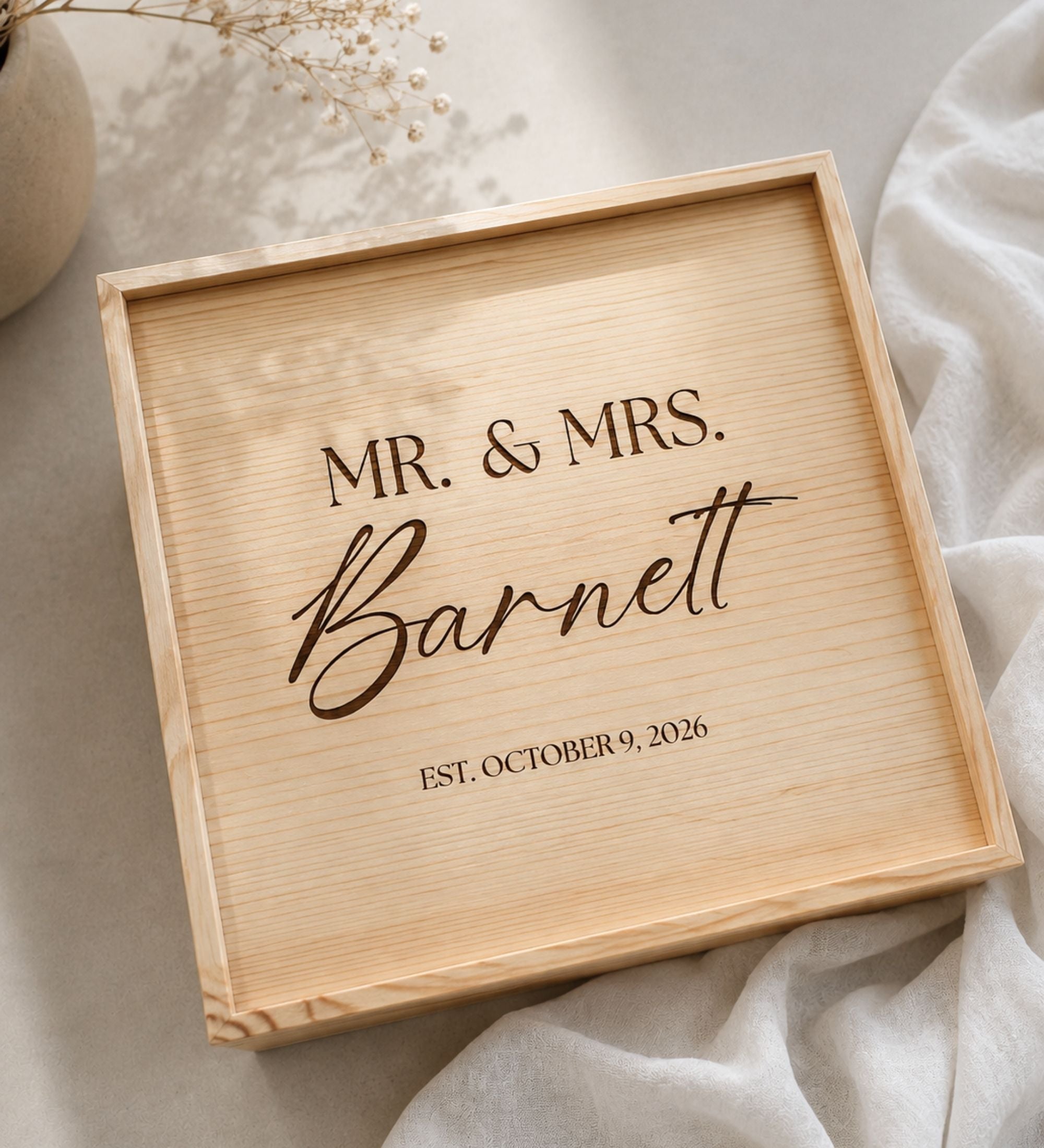 Engraved Wood Wedding Memory Box with Names and Date