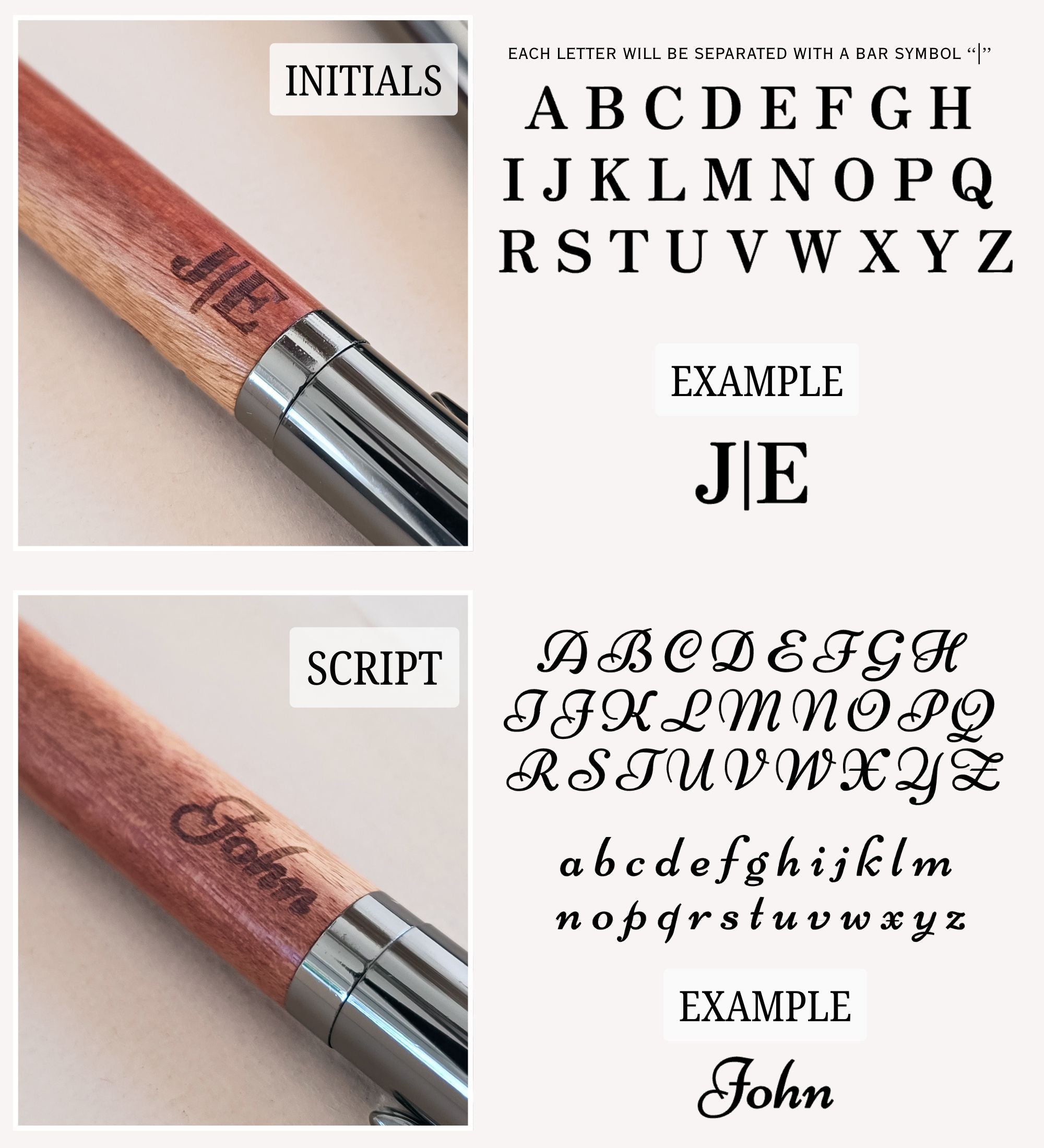 Full alphabet reference for the personalized pen, showing the initials font and the script font with worked examples