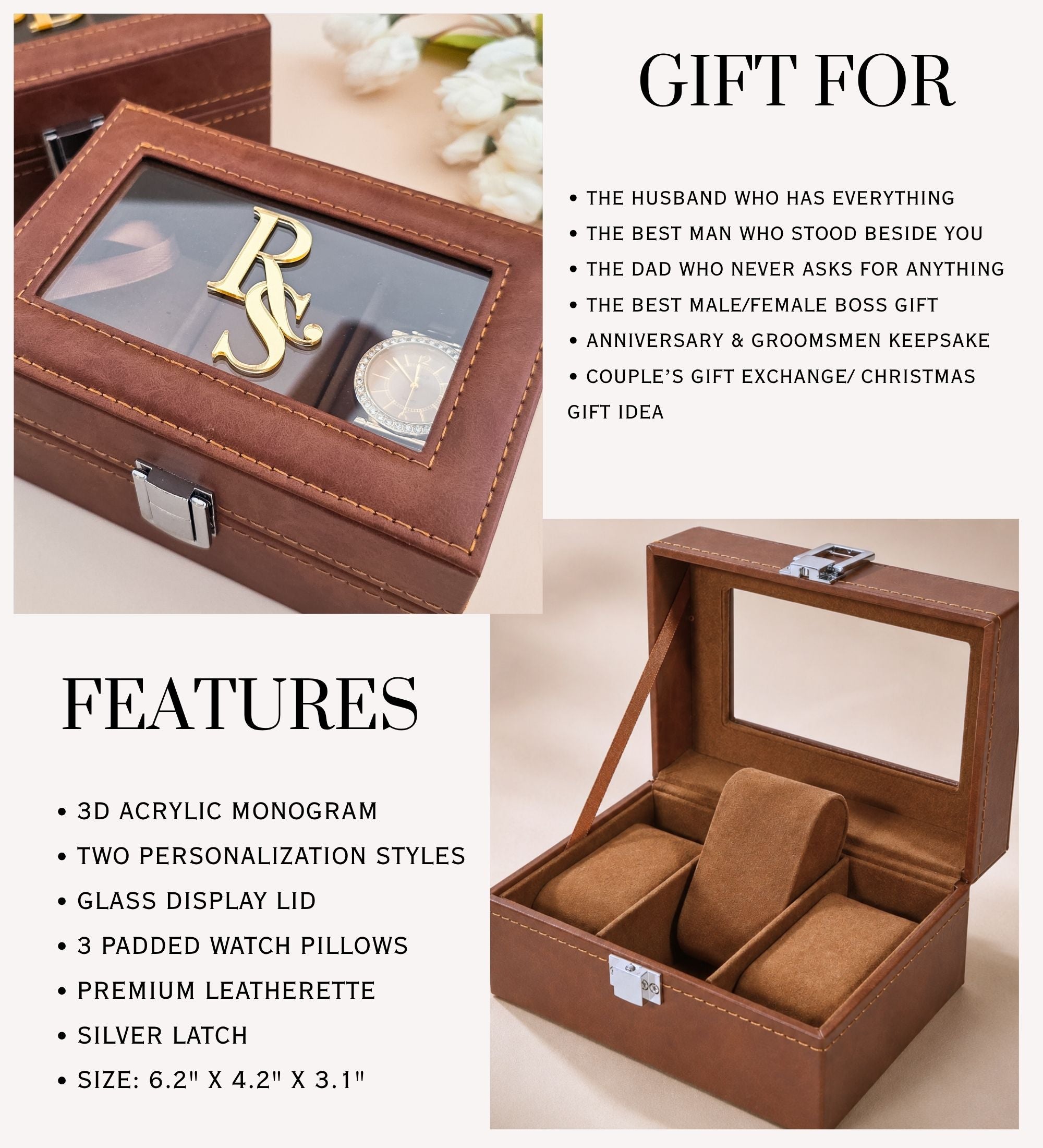 Product features infographic listing gift occasions and specifications: 3D acrylic monogram, smoked glass lid, 3 padded watch pillows, premium leatherette, silver latch, 6.2" x 4.2" x 3.1"