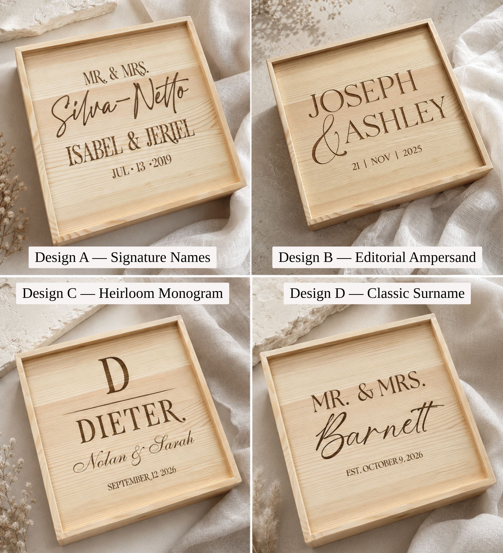 Engraved Wood Wedding Memory Box with Names and Date
