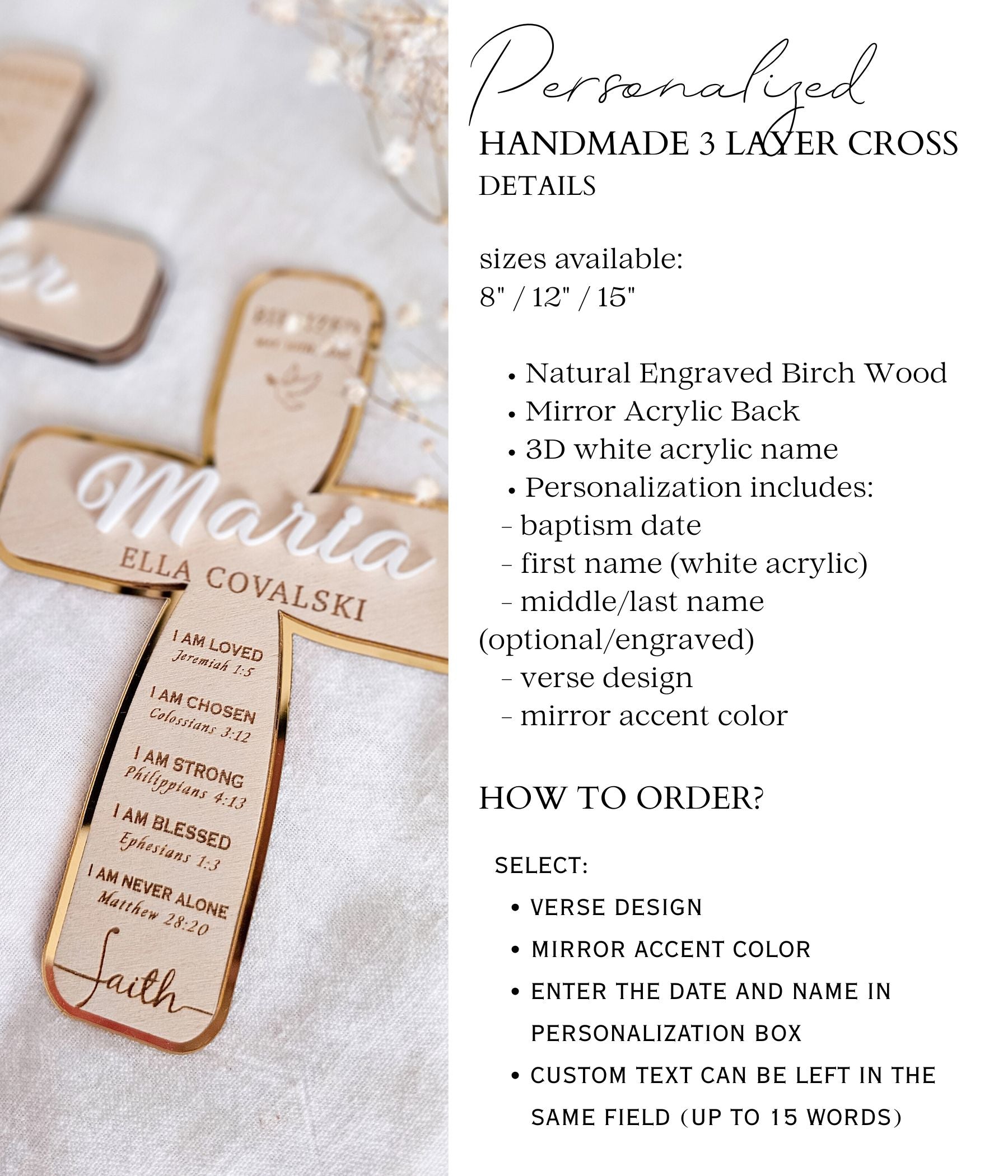 Christening cross for baby engraved with baptism date and bible verses on birch wood with 3D name