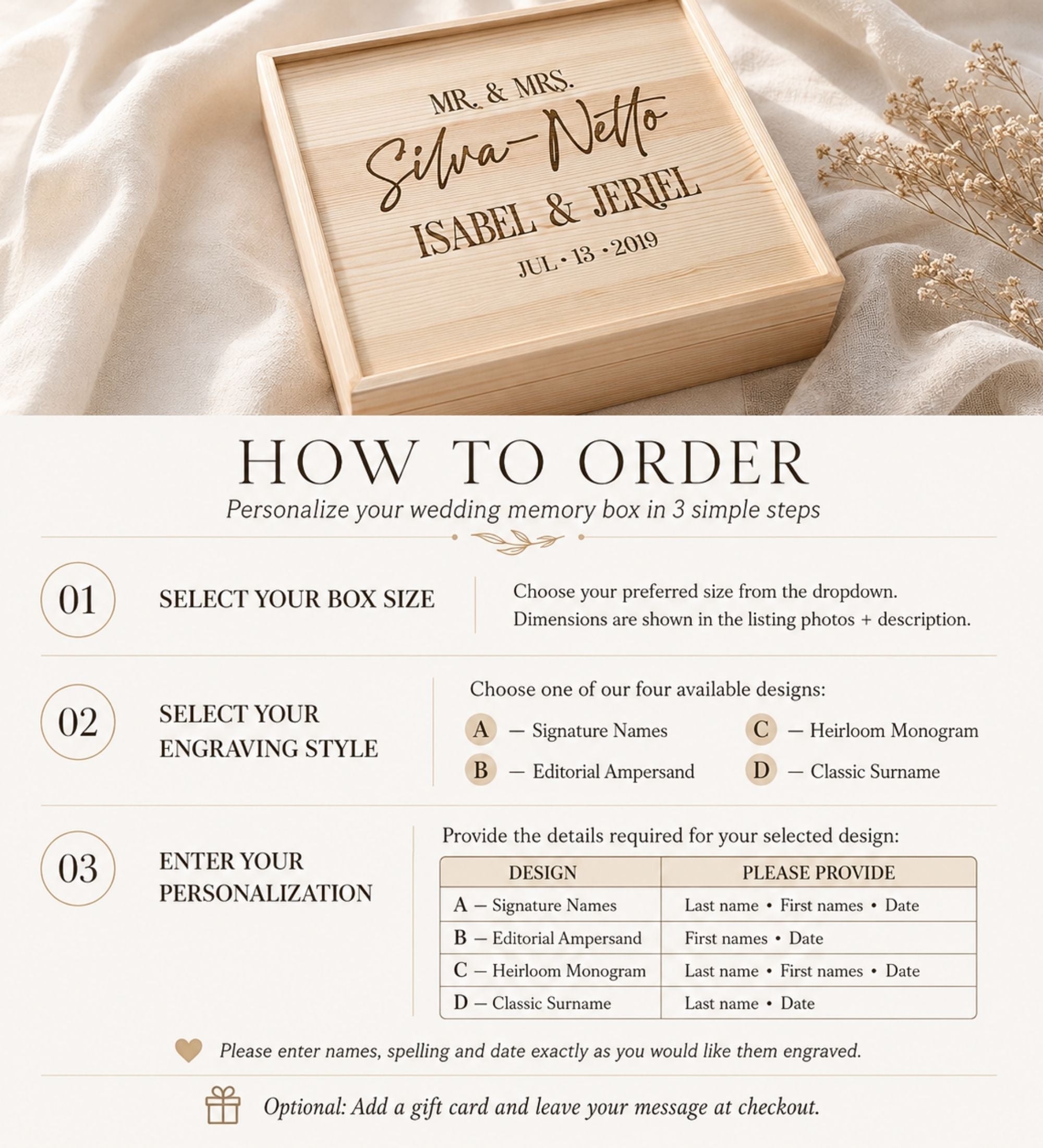 Engraved Wood Wedding Memory Box with Names and Date