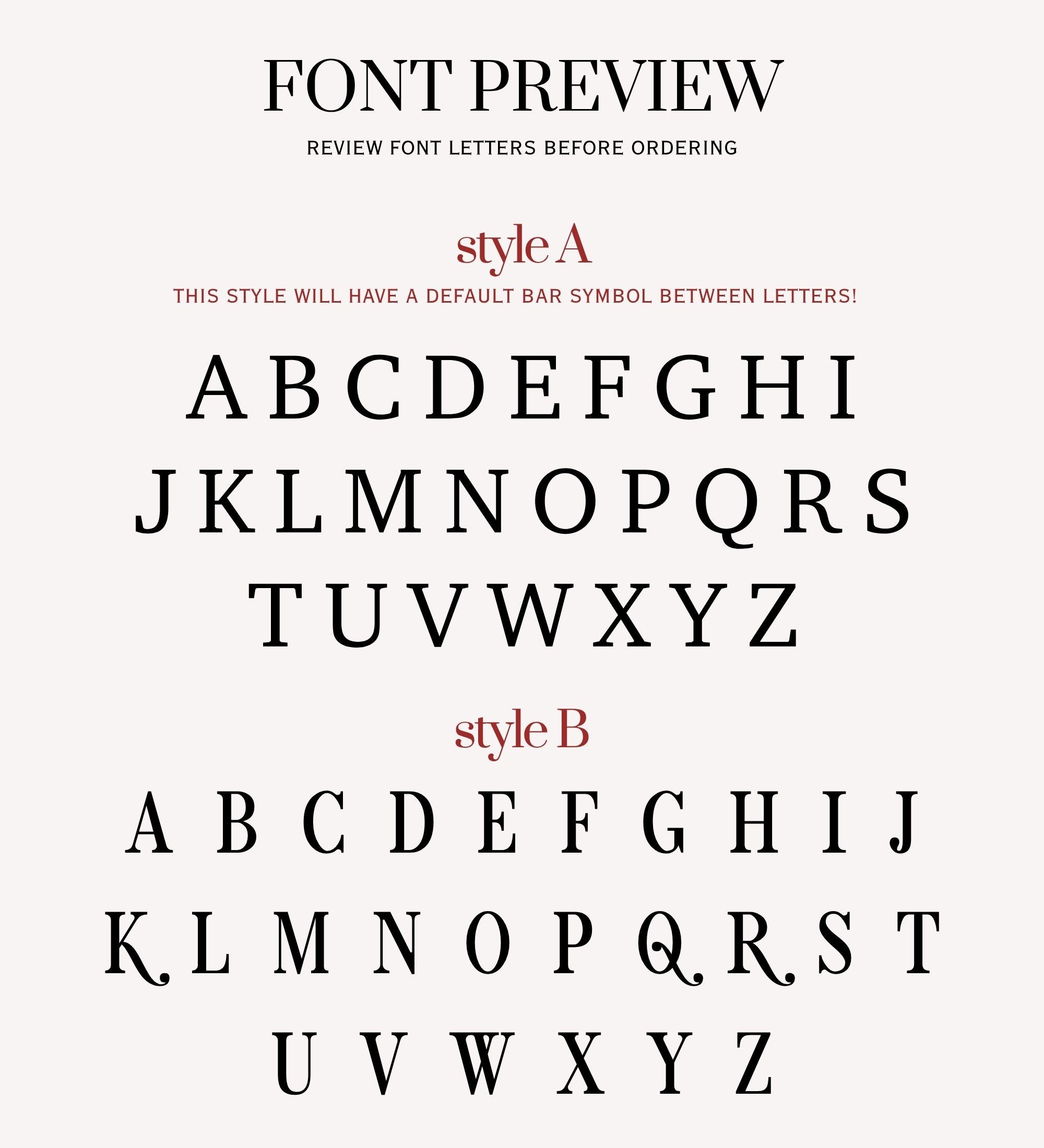 Font preview graphic for both Style A (classic serif) and Style B (interlocking serif) showing all 26 alphabet letters for pre-order review