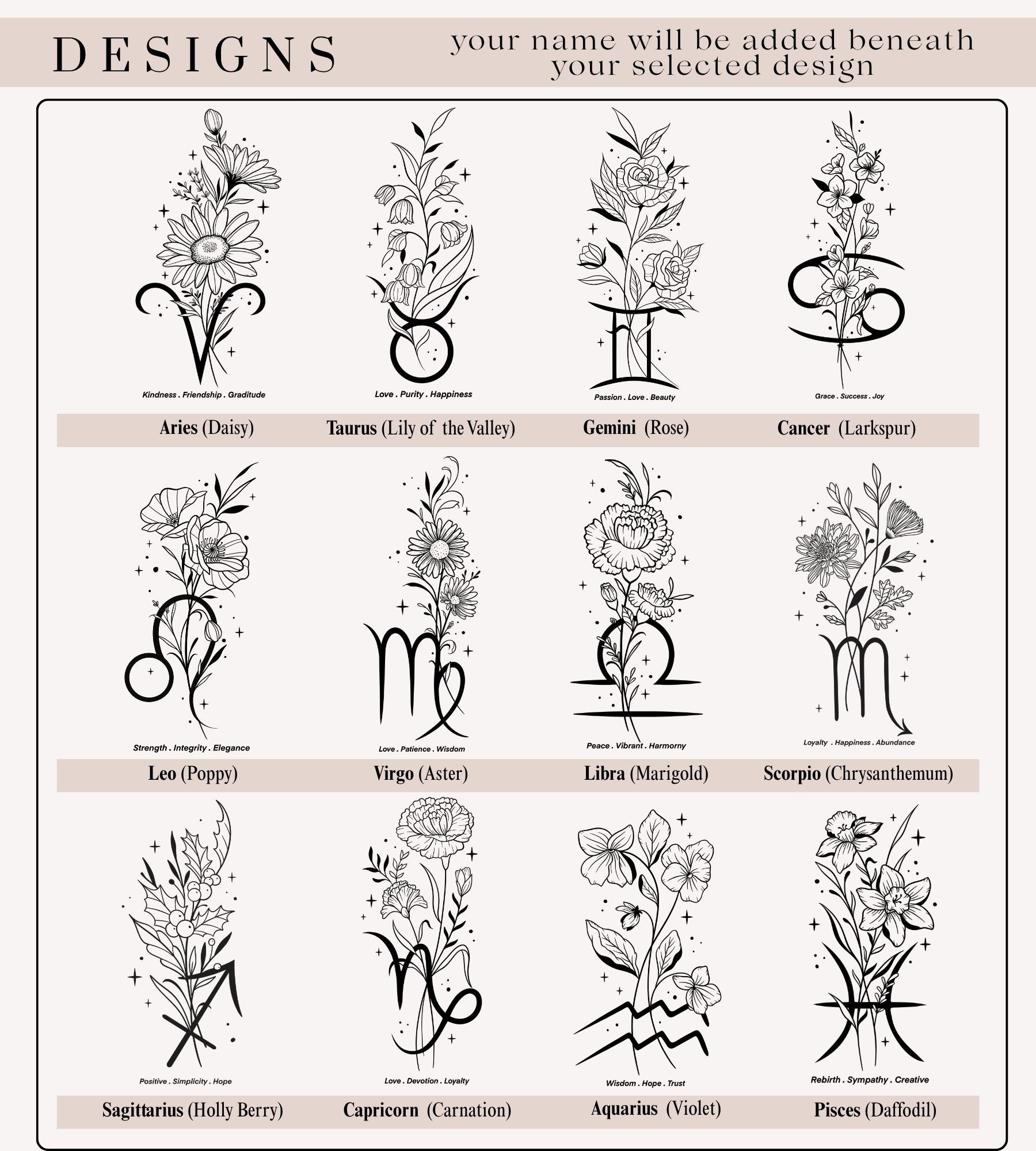 All twelve zodiac sign and birth flower line-art designs available for personalization
