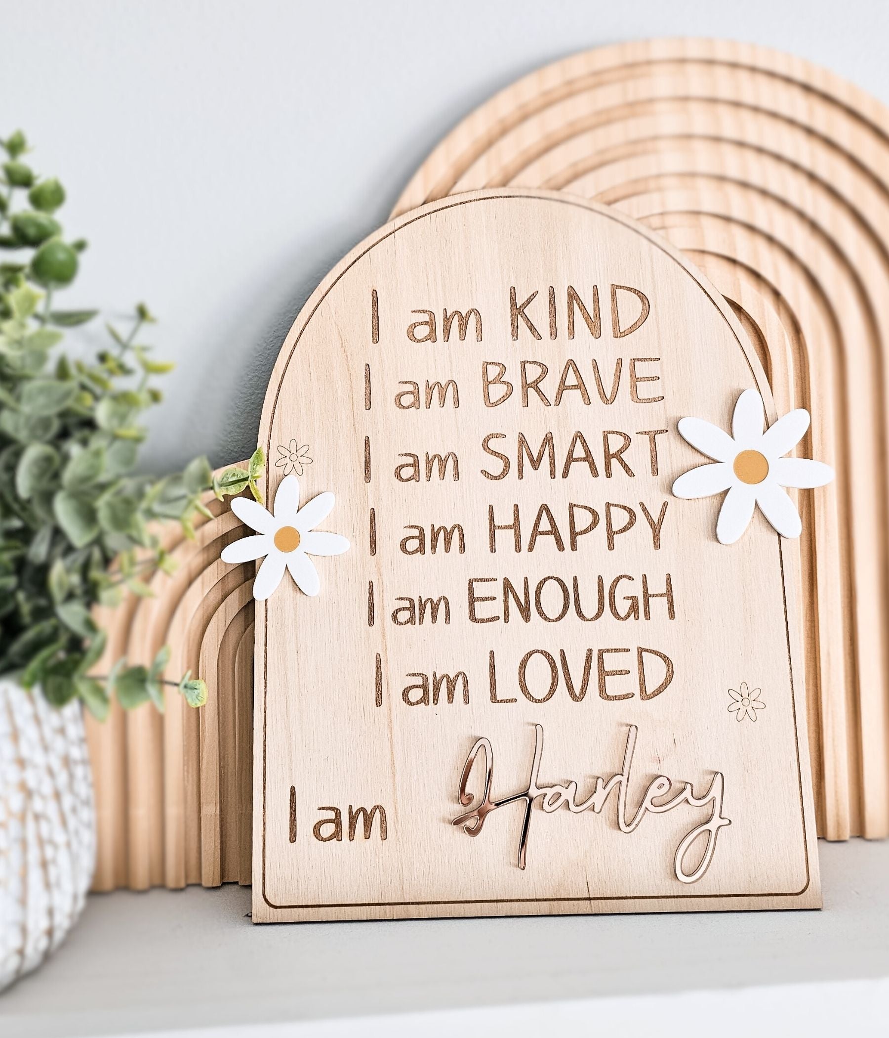 Daily affirmations nursery sign in natural birchwood with 3D acrylic flowers and custom child name