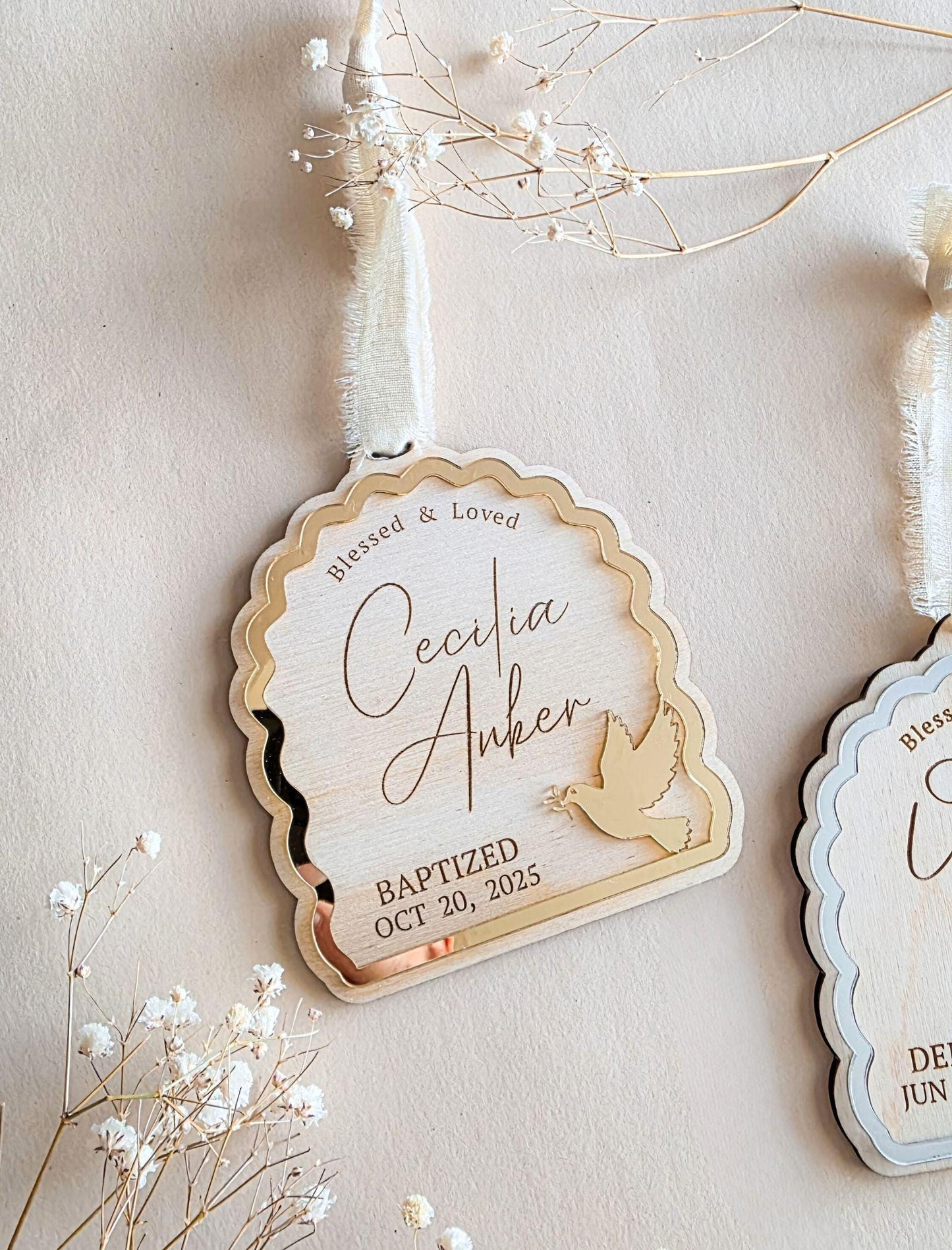 Religious keepsake ornament for boys or girls baptism or dedication, hanging with ribbon.