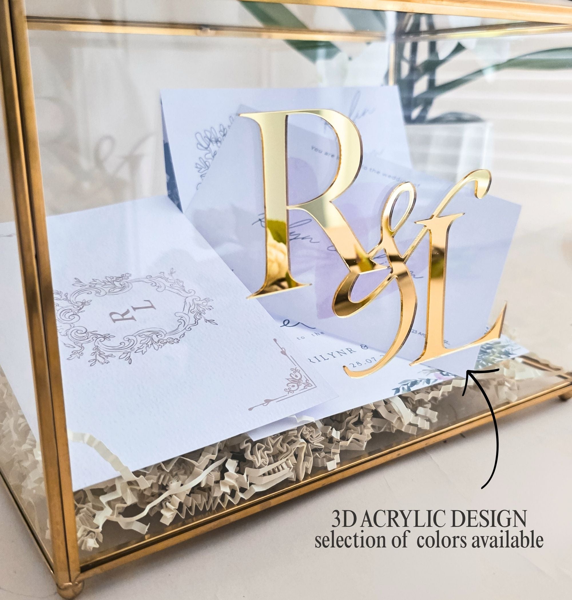 Personalized glass wedding card box with gold mirror 3D acrylic monogram, heart lock with key, and interior filled with wedding cards and white crinkle filler