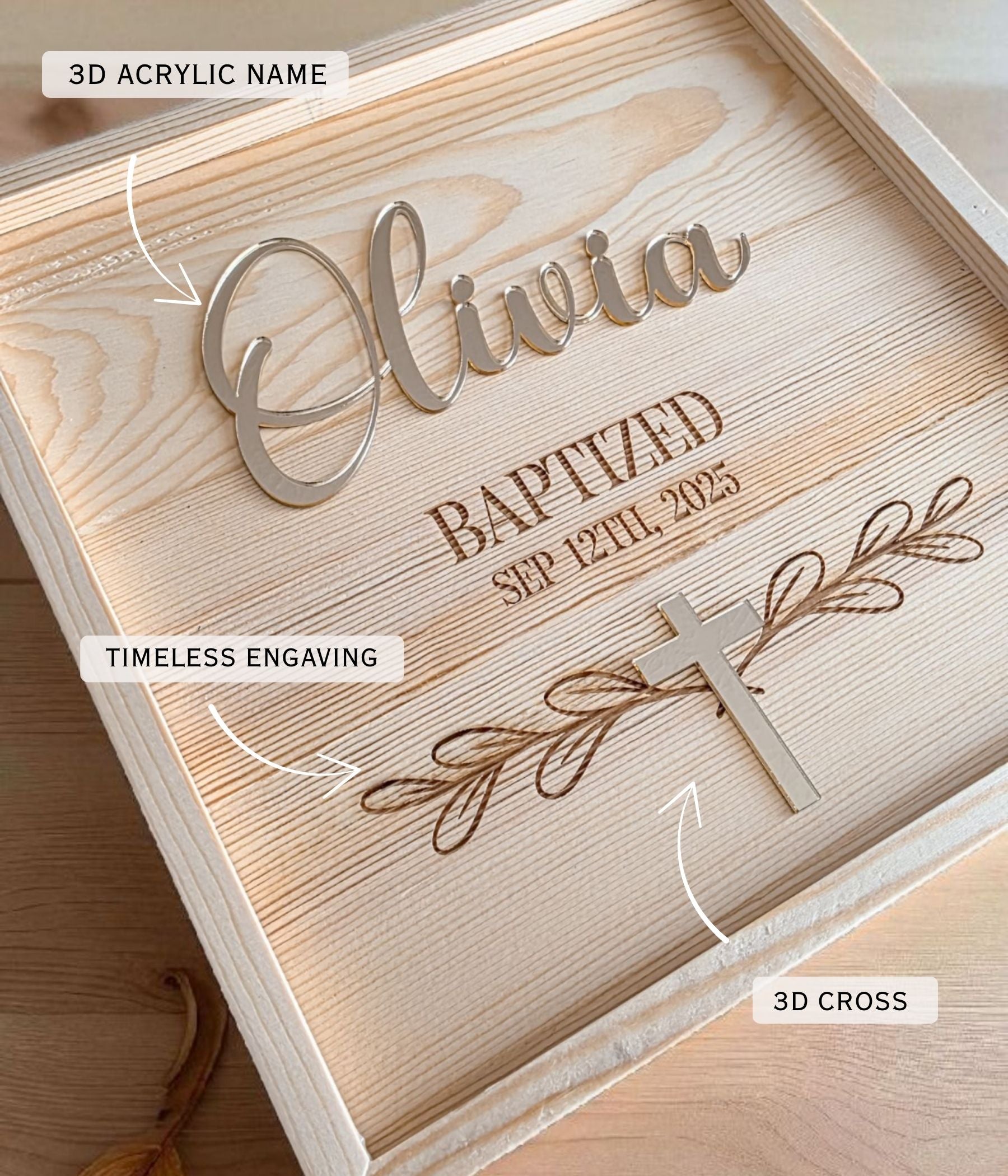Baptism memory keepsake box with engraved event wording and floral design plus 3D acrylic name