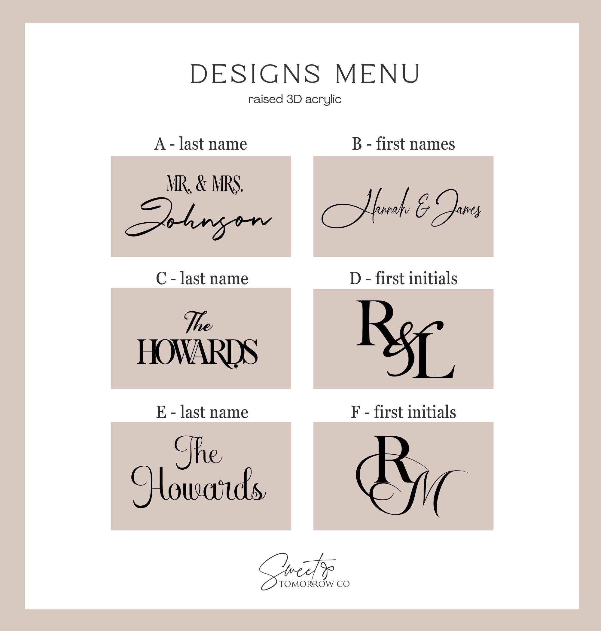 Sweet Tomorrow Co. designs menu showing all six personalization styles for the raised 3D acrylic monogram including last name, first names, and initial options