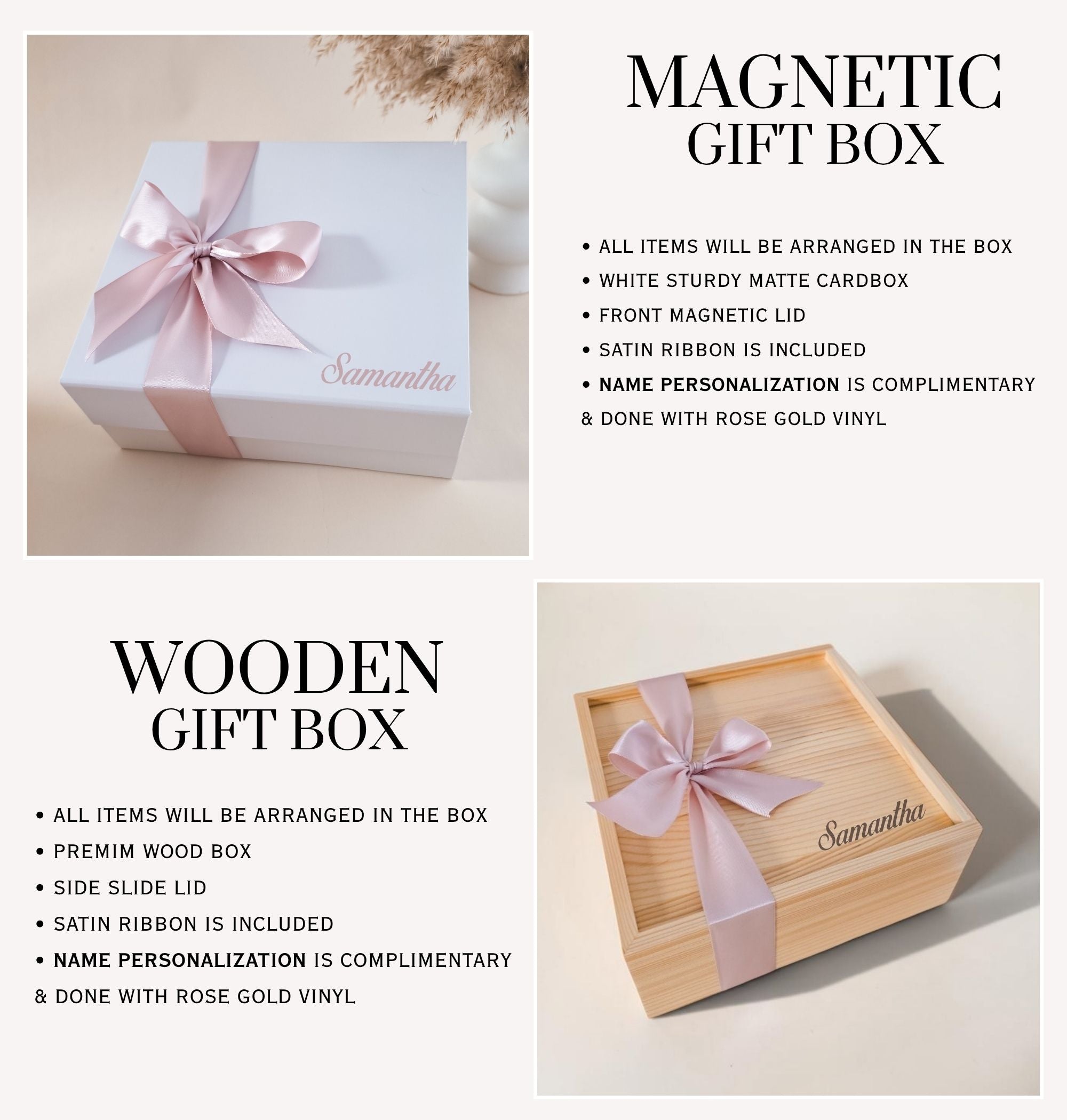 A promotional collage showing two gift box options with text callouts: a white magnetic gift box with a pale pink ribbon on the top left, and a light wood gift box with a pale pink ribbon on the bottom right. The text lists features such as magnetic lid, wooden side slide lid, satin ribbon, and rose gold vinyl personalization.