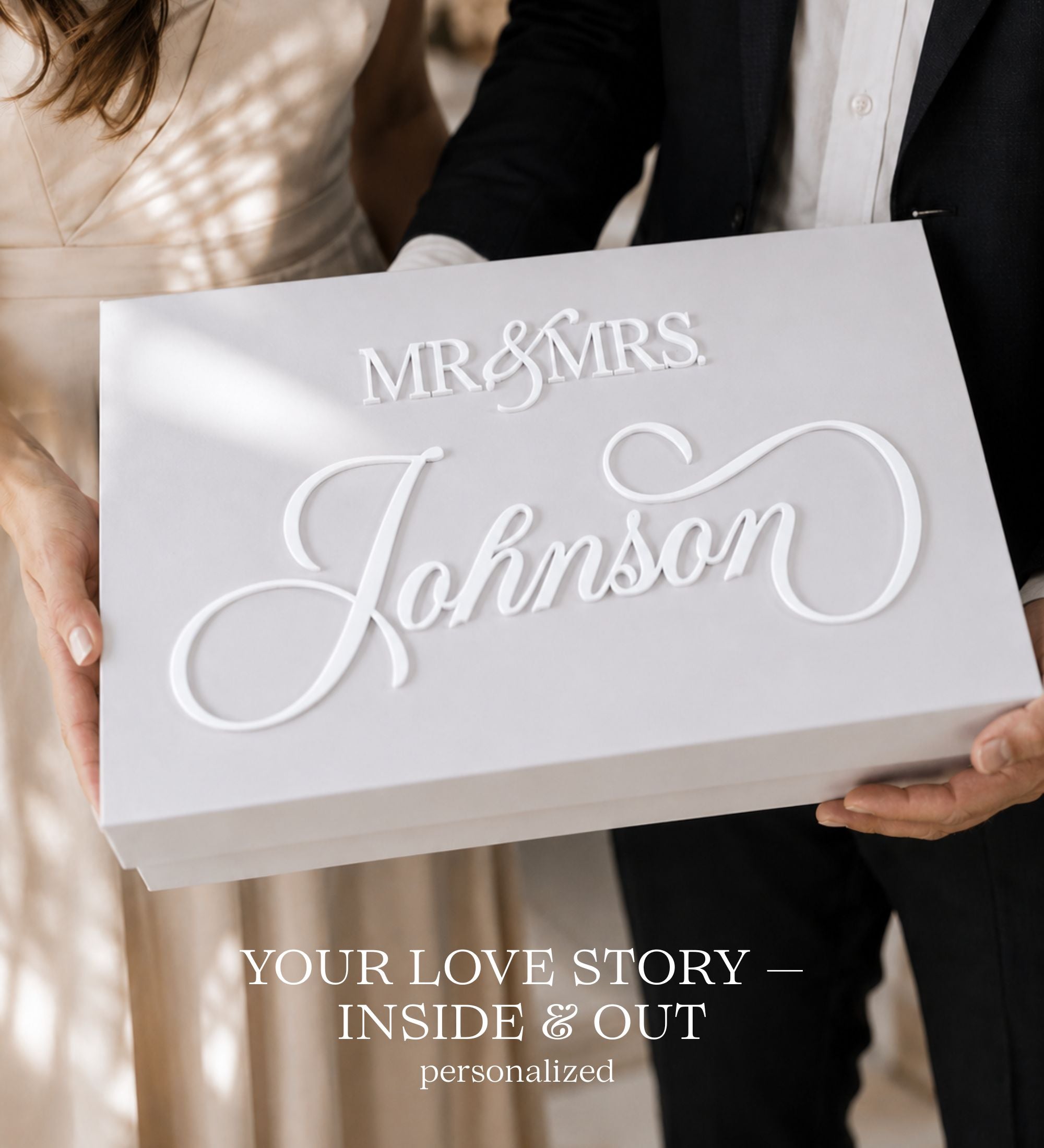 Personalized keepsake memory box in white with raised 3D acrylic lettering reading Mr and Mrs above the family name Johnson