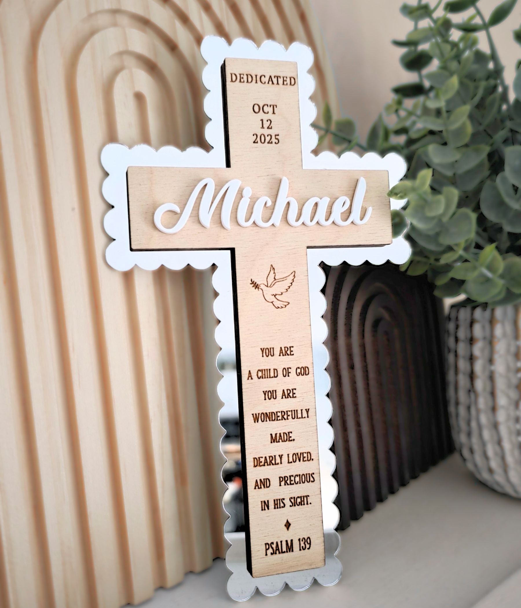 Personalized dedication cross for Michael with silver mirror scalloped backing and engraved Psalm 139 wording