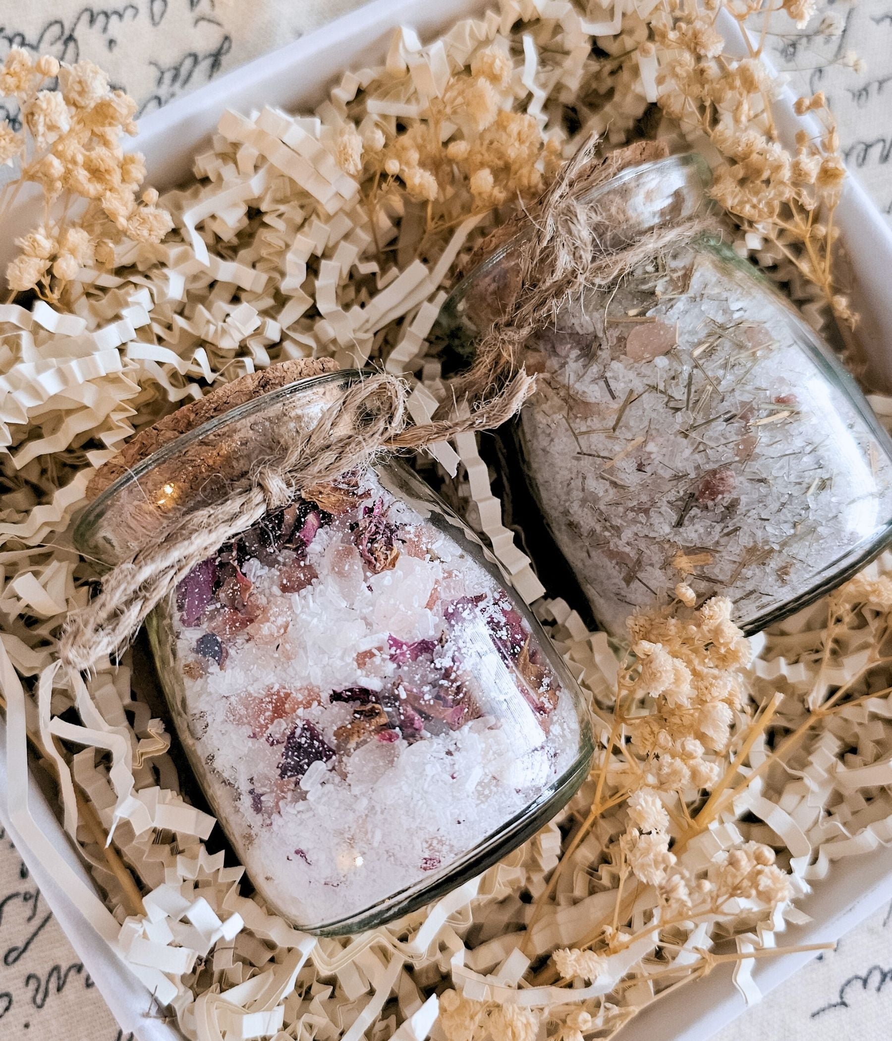 Natural bath salt set with lavender rose and eucalyptus lemon blends in glass jars with cork lids