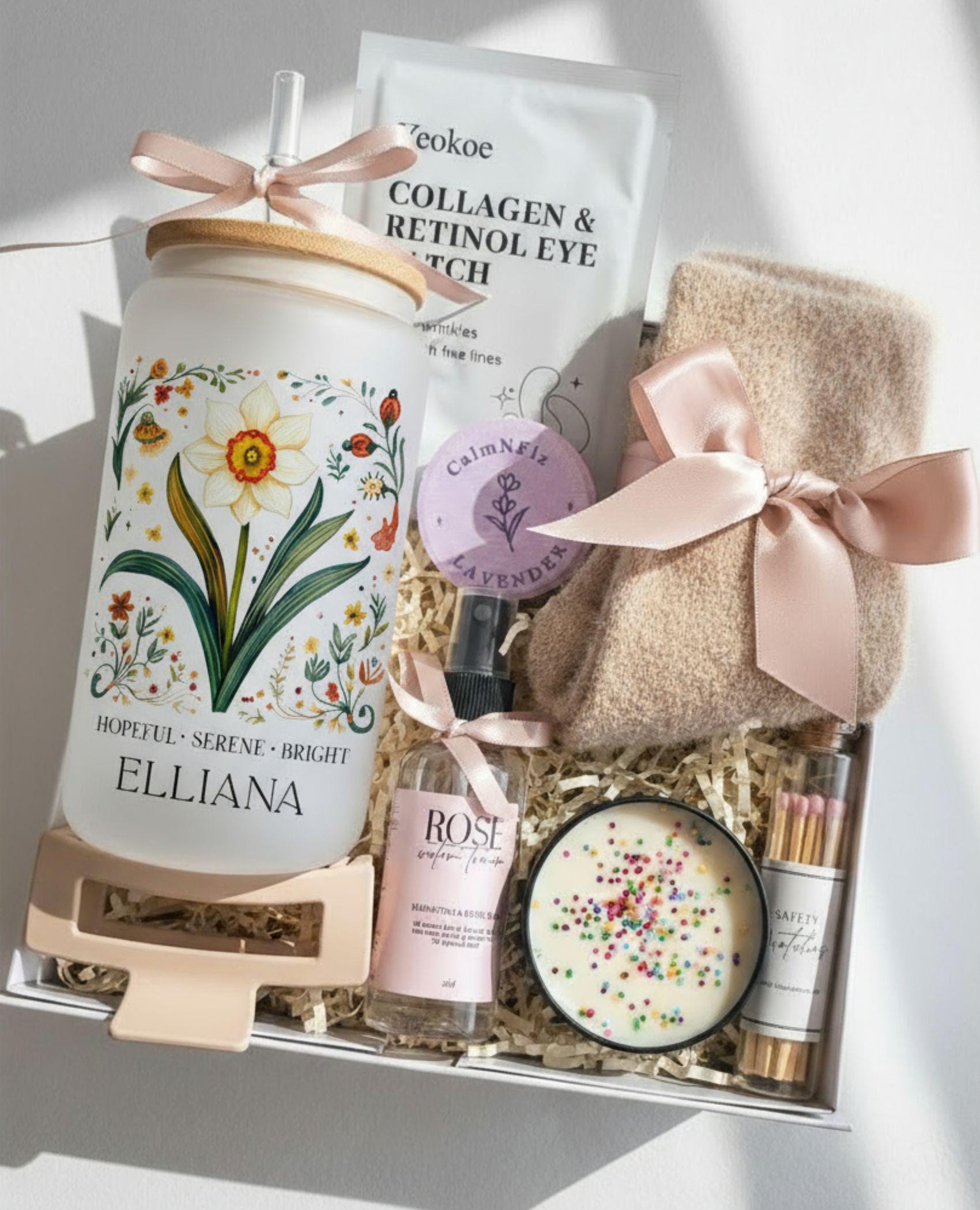 Sunlit Bloom Box self-care gift with personalized birth flower frosted glass tumbler, candle, matches, socks, and spa treats