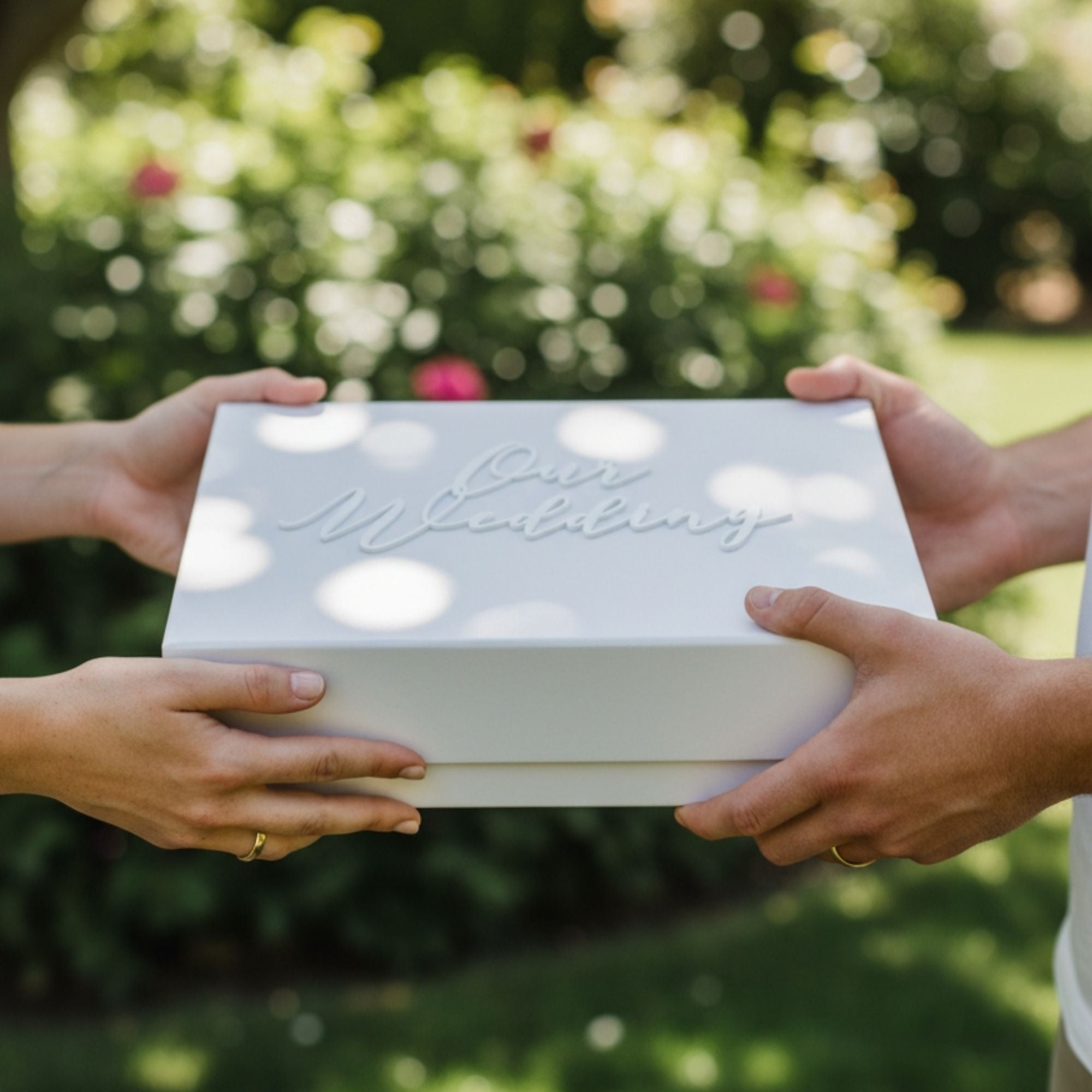 Elegant wedding keepsake box with family name and established date inside the lid
