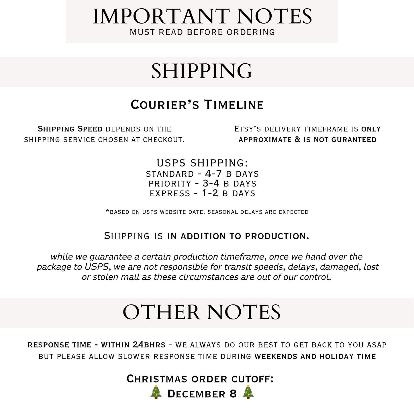 several important notes about shipping and customer service, including details about the shipping service, USPS shipping, and other customer service information.