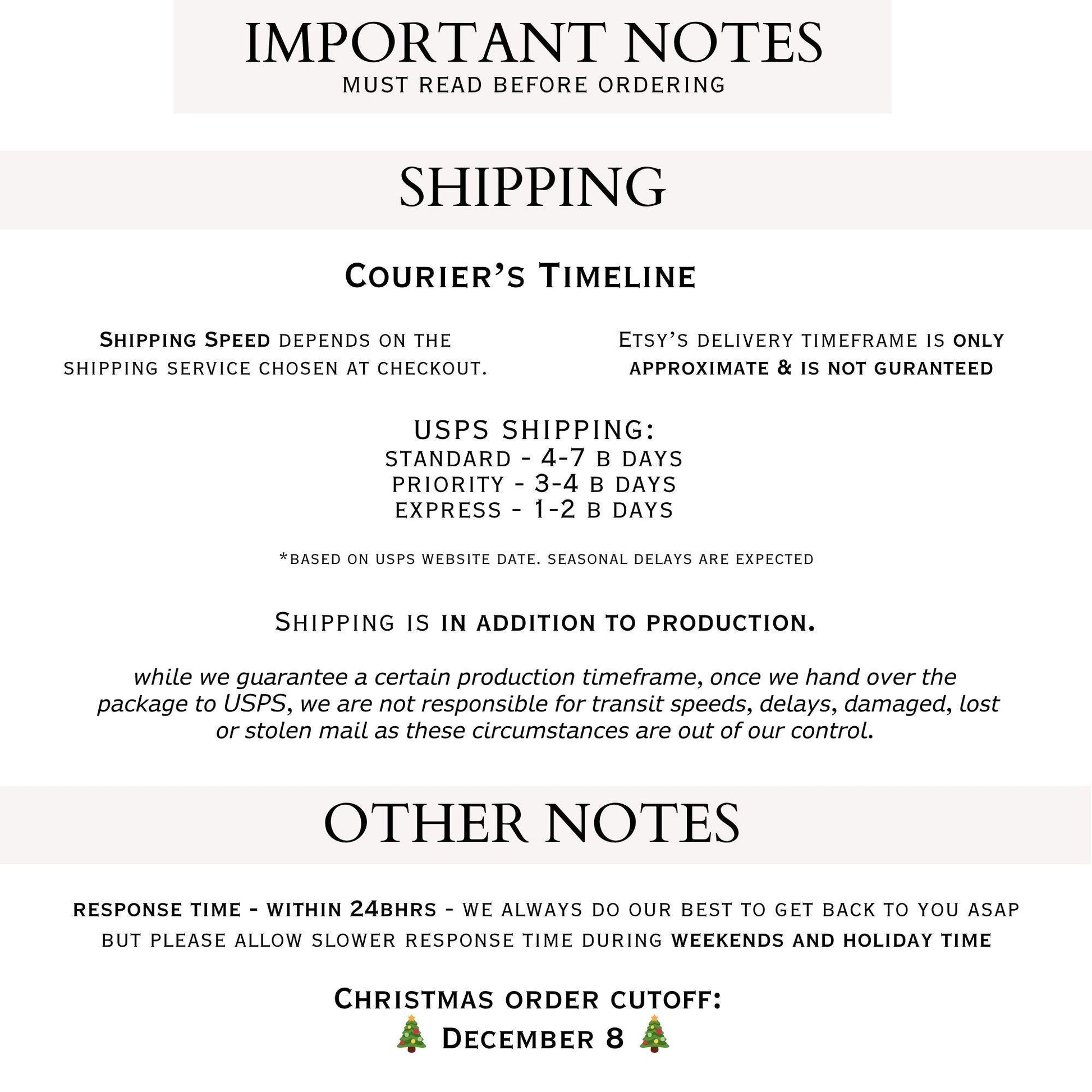 several important notes about shipping and customer service, including details about the shipping service, USPS shipping, and other customer service information.