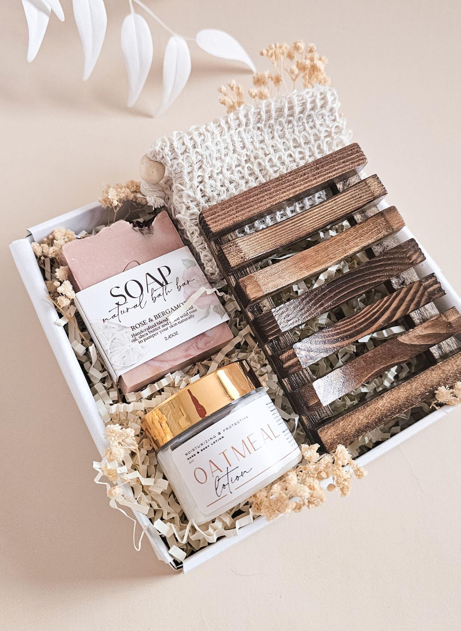 Neutral spa gift box with oatmeal lotion natural rose soap wooden tray eco packaging perfect relaxation or birthday present