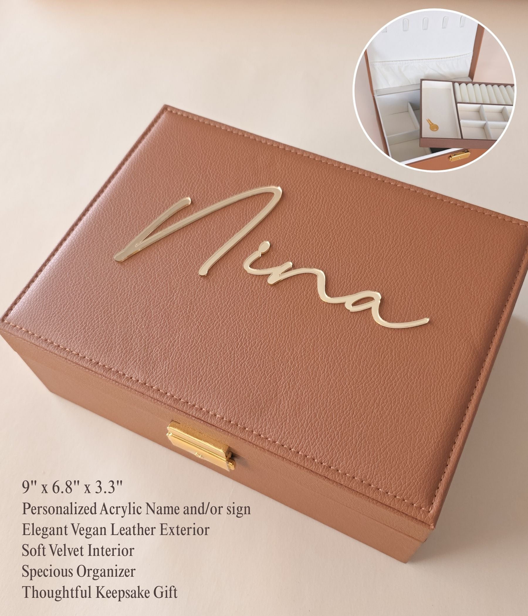 Brown faux leather jewelry box with lock closure and key included