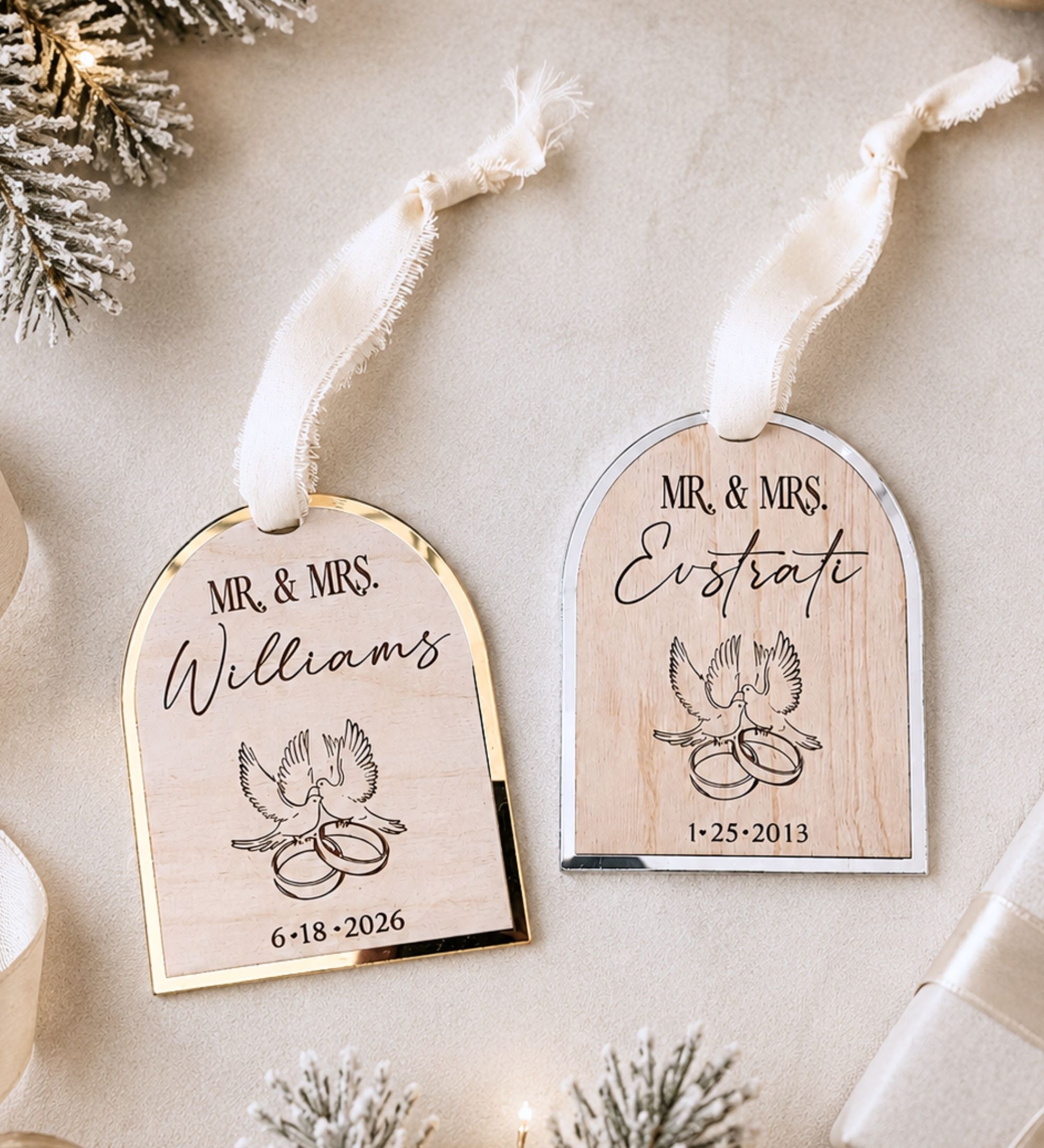 Gold and silver personalized Mr and Mrs wedding ornaments shown side by side, each laser-etched with a family name and wedding date