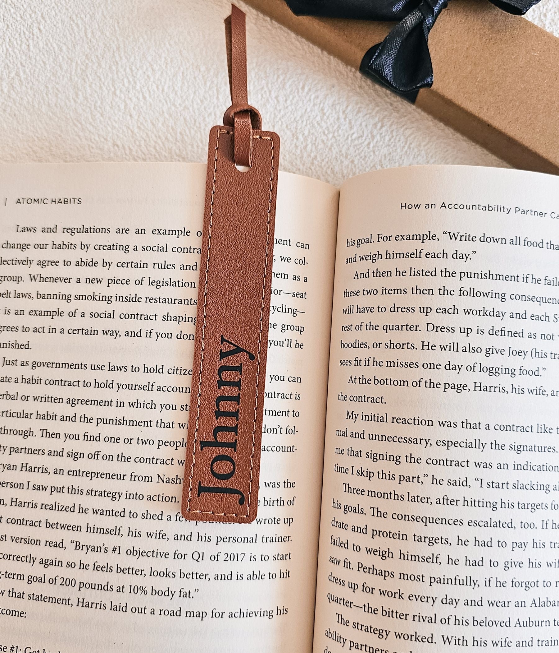 Personalized bookmark gift for book lovers in classic brown faux leather with tassel
