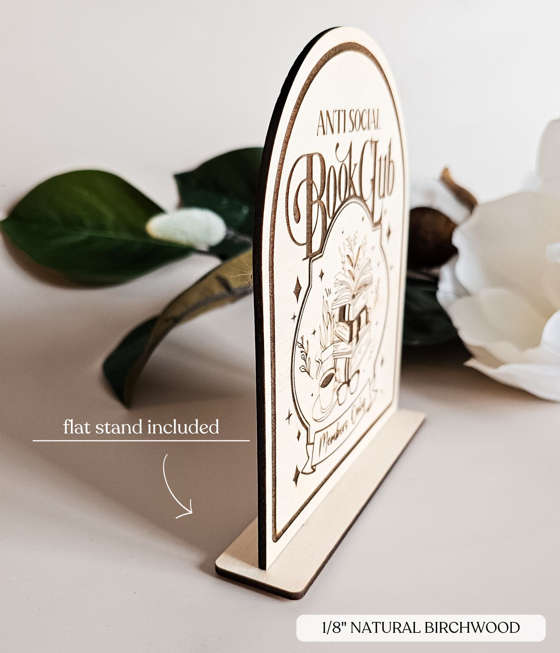 Book lover reading nook decor sign engraved on birch wood with “Antisocial Book Club” text