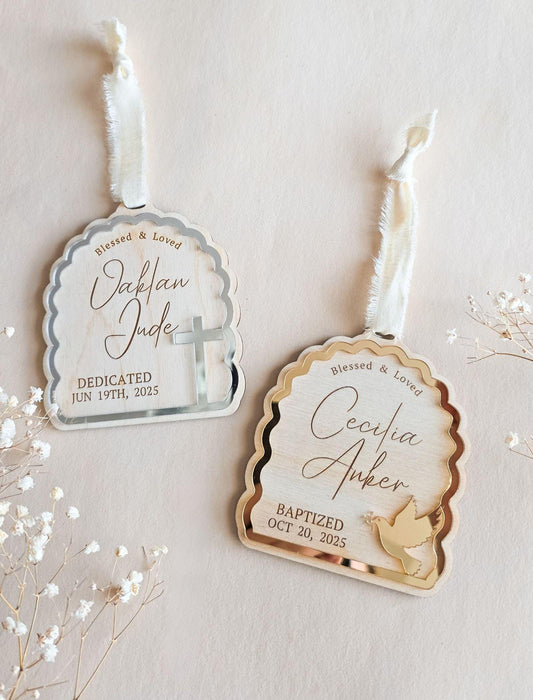 Personalized baptism ornament with gold frame featuring child’s name and date, keepsake Christmas gift.