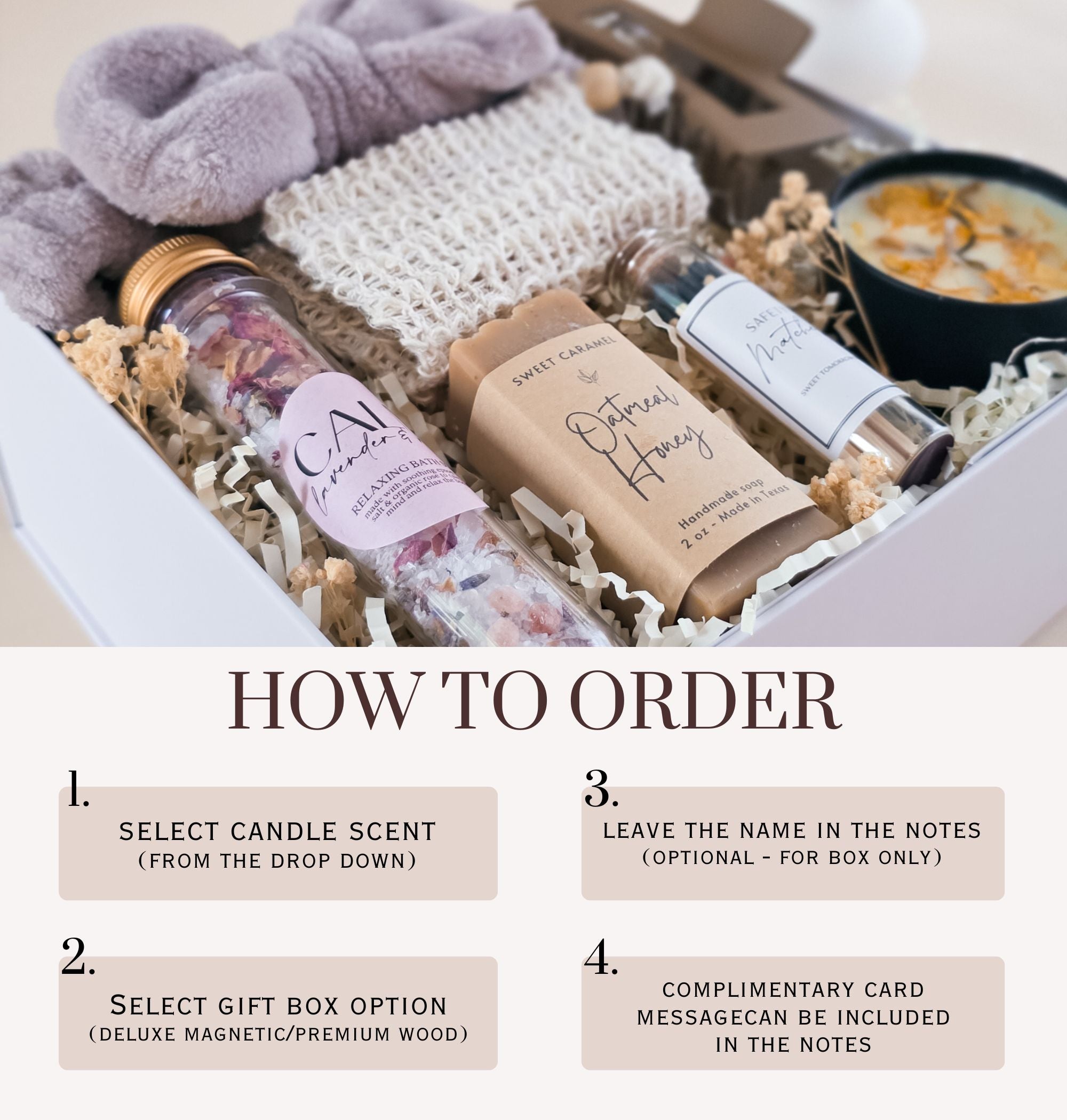 Step-by-step ordering guide: select gift tier, select candle scent, select card, add message