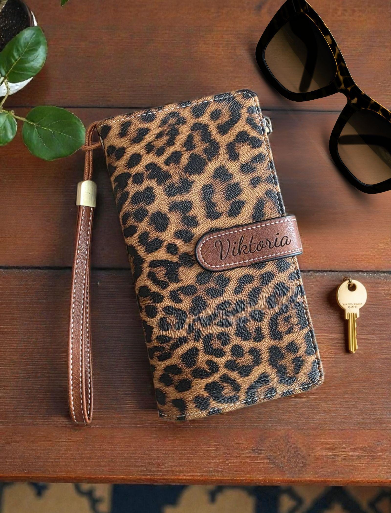 Brown PU leather wristlet wallet personalized with name on the strap clip