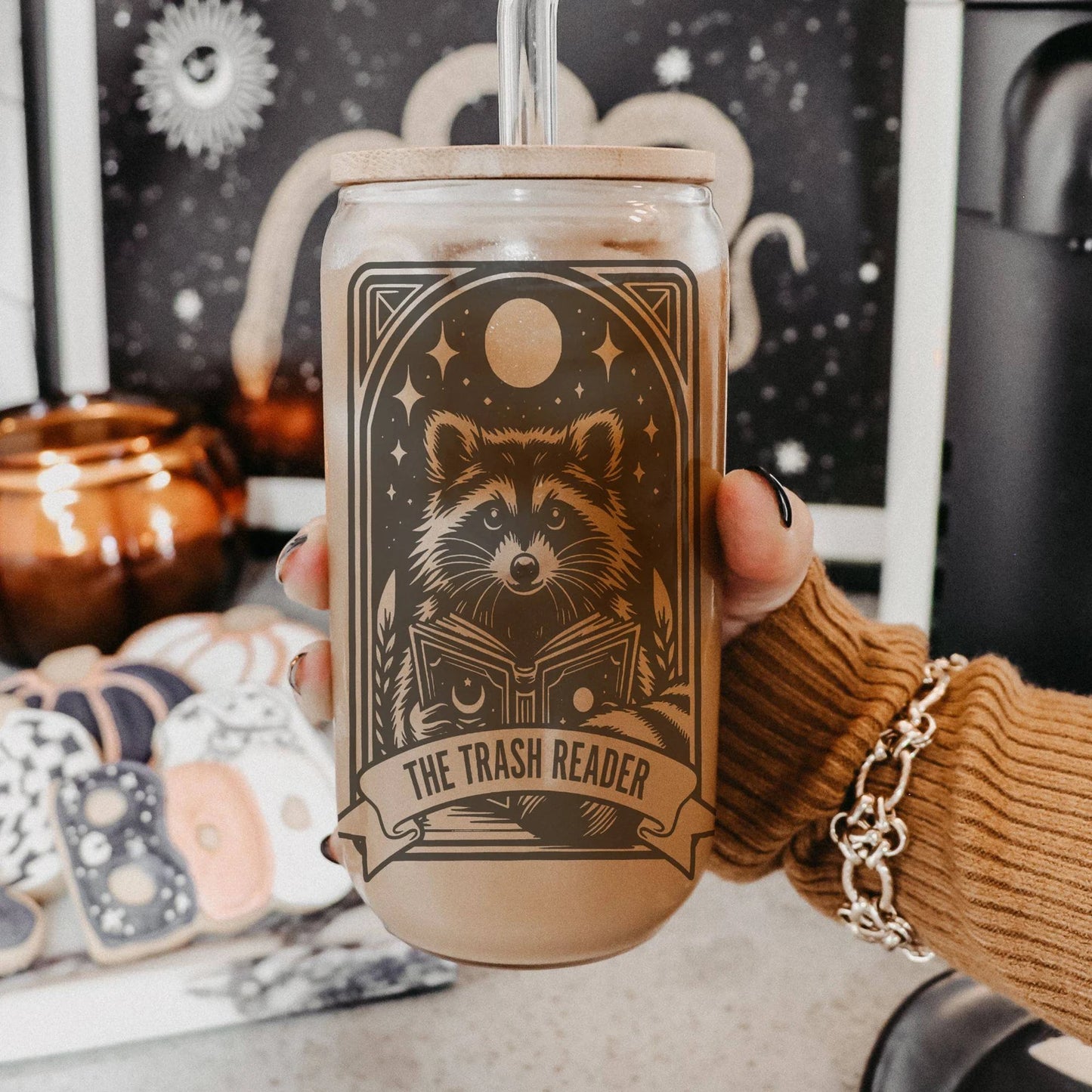 Funny Trash Reader raccoon glass tumbler with bamboo lid and straw for book lovers