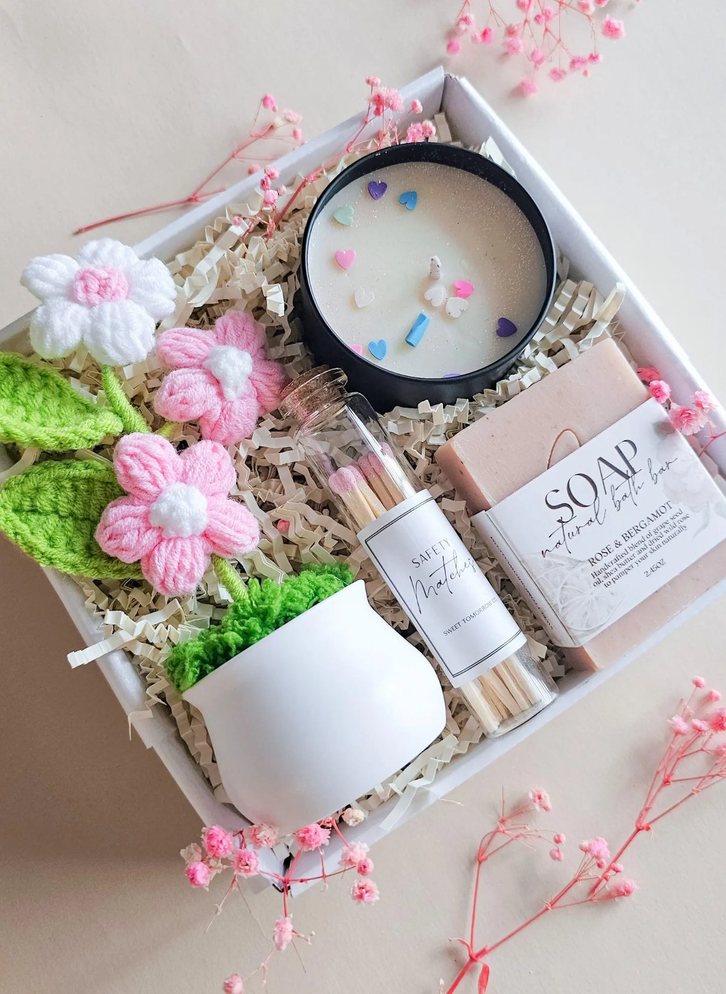 Close-up of thoughtful gift box set with handcrafted items for stress relief and appreciation