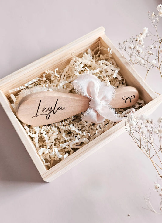 Personalized wooden baby hair brush in gift box with bow, newborn keepsake