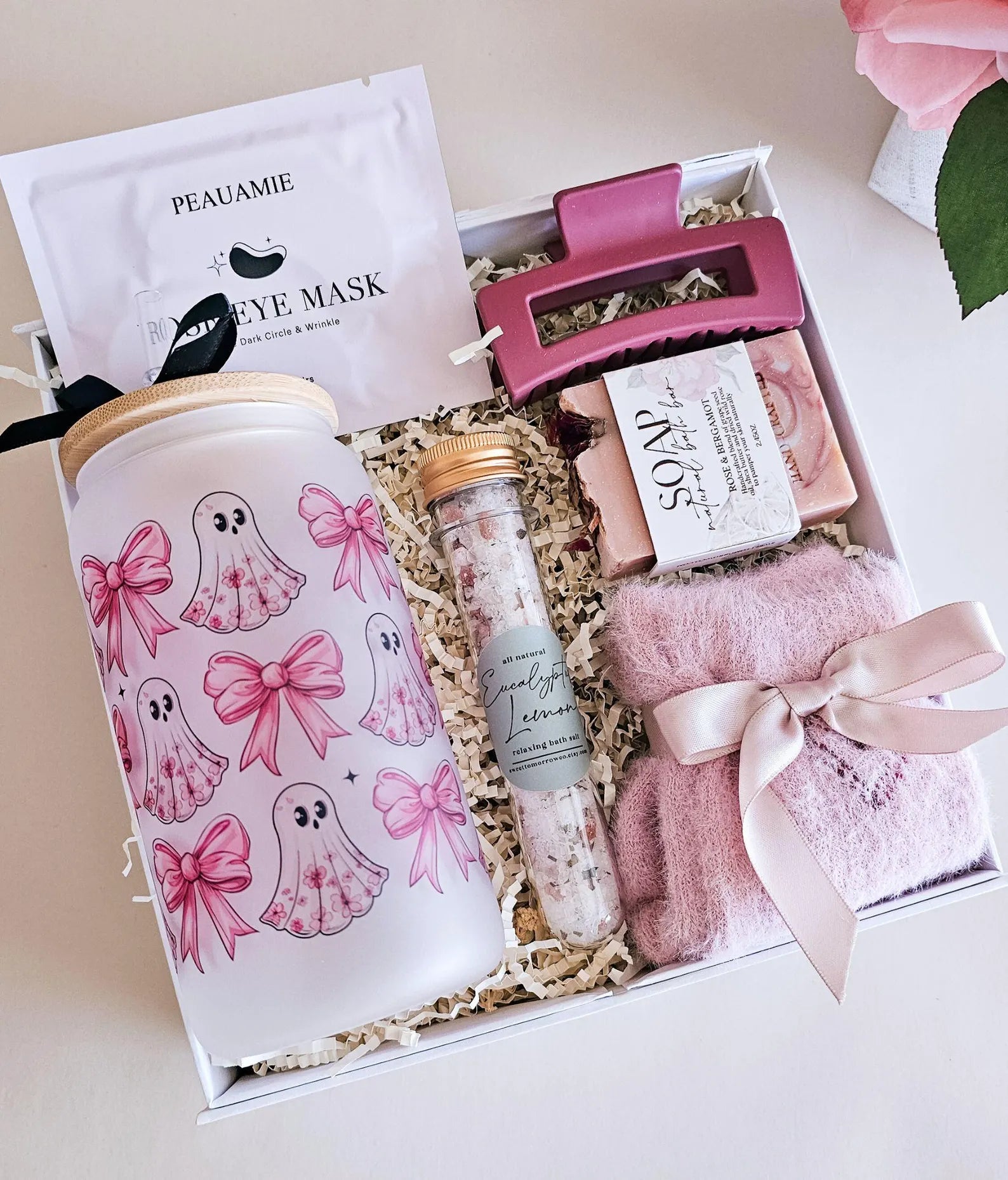 Pink Halloween gift box for women, cozy fall care package, spooky season gift idea for her.