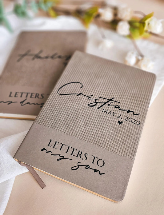 Personalized faux leather journal engraved with “Letters to My Son” – custom keepsake notebook.