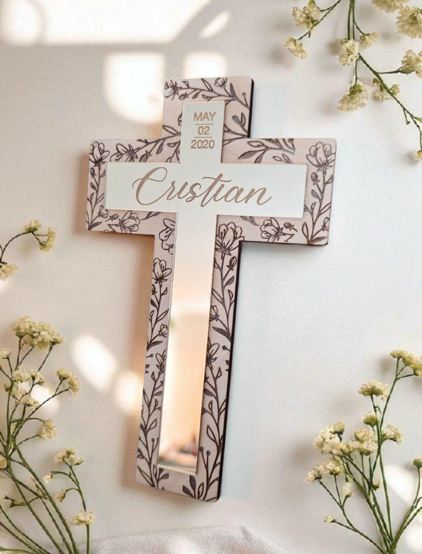Floral Custom Baptism Cross