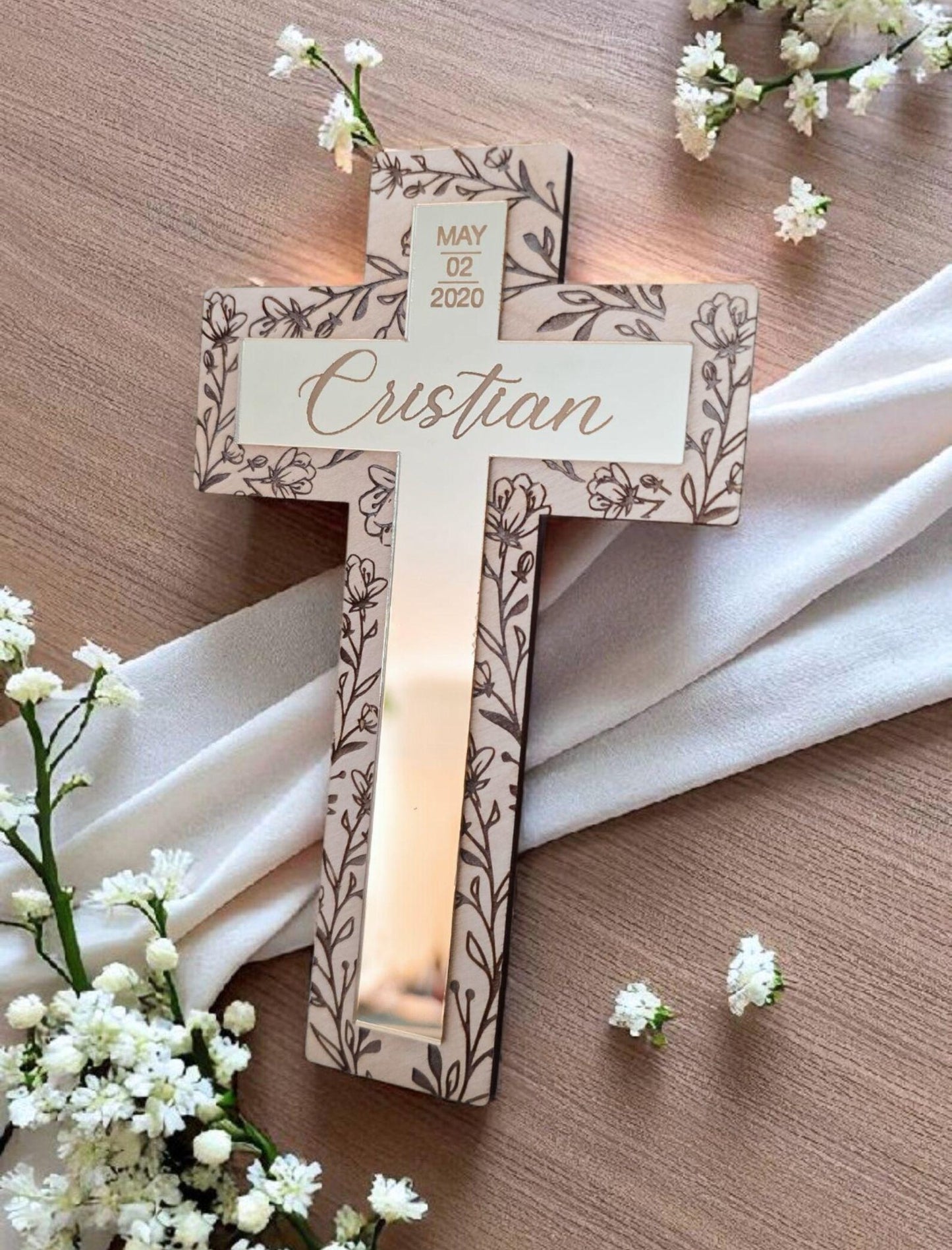 Personalized baptism cross keepsake with engraved name and date