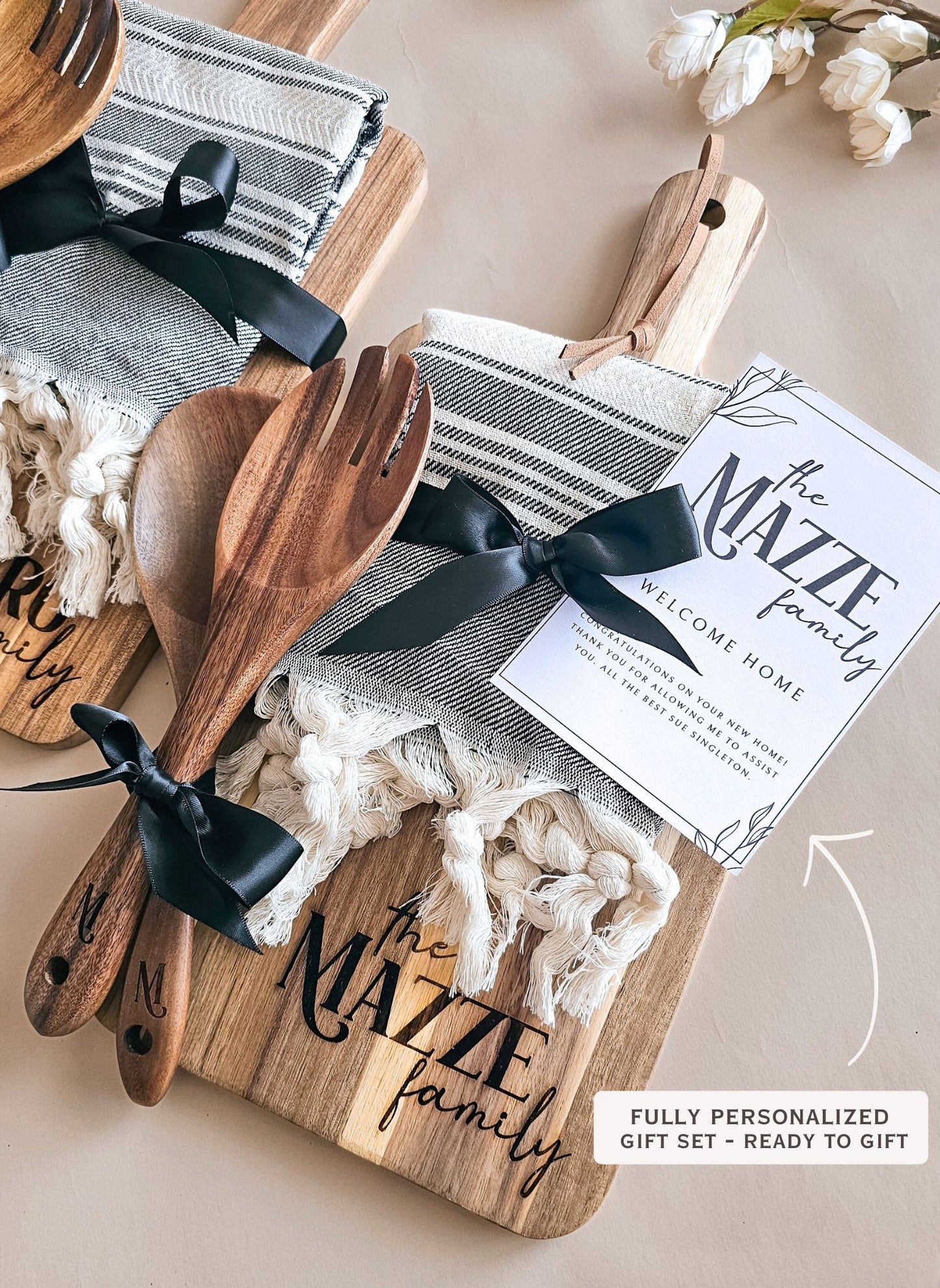Welcome Home Kitchen Gift Set – personalized engraved acacia wood cutting board with black bow
