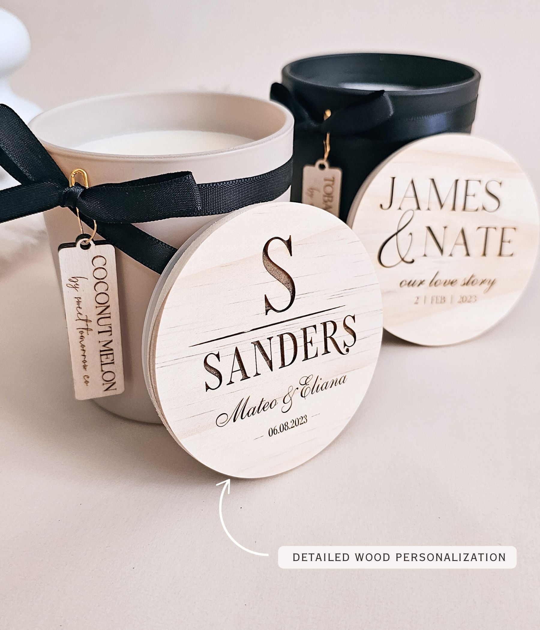 Engraved lid candle gift for couple with personalized names and date on wooden lid, 10oz soy wax candle
