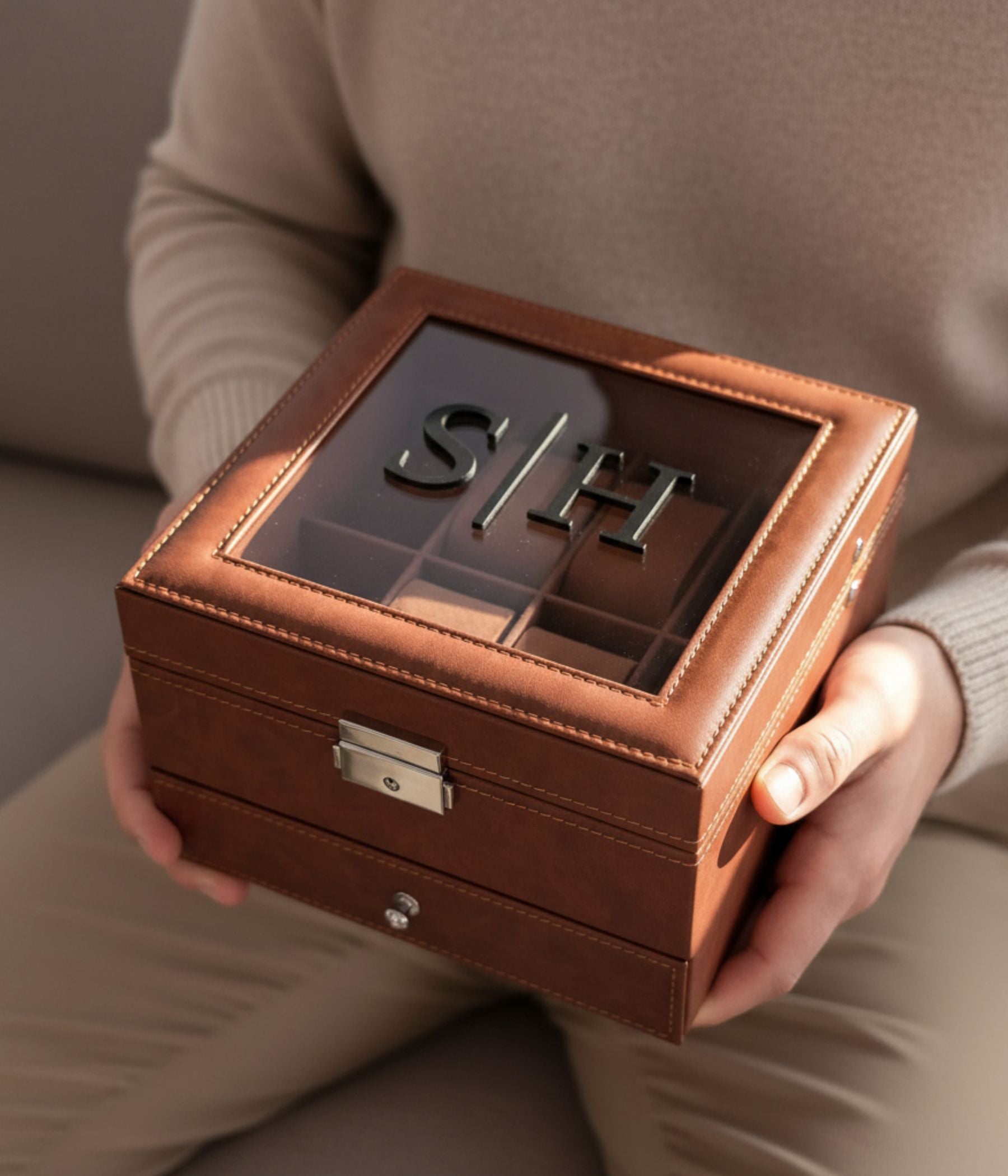 Personalized men’s watch box with drawer in brown leatherette featuring raised 3D acrylic initials on clear lid