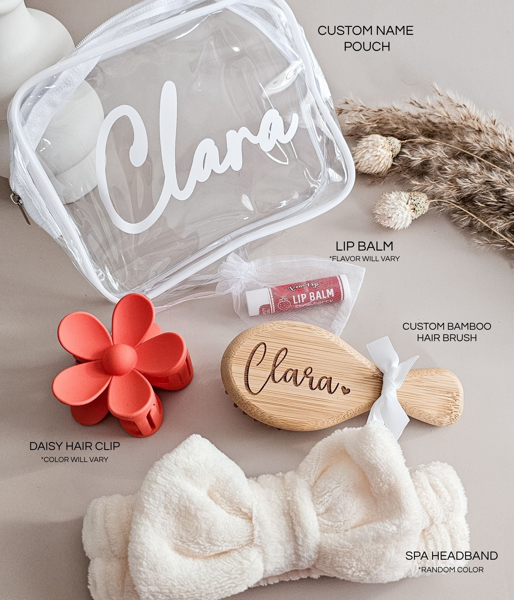 Personalized sleepover favor set with mint headband, green flower claw clip, and custom white name on bag