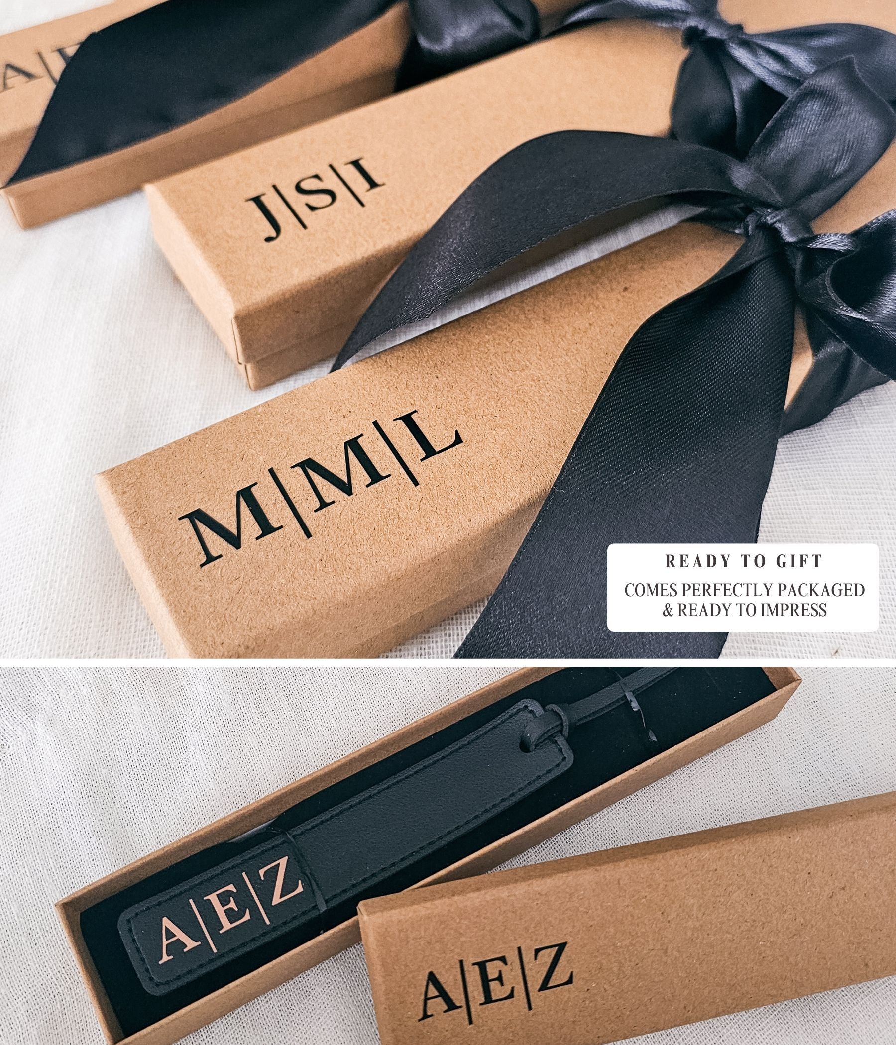 Black custom leather bookmark with initials in tan lettering shown outside gift box