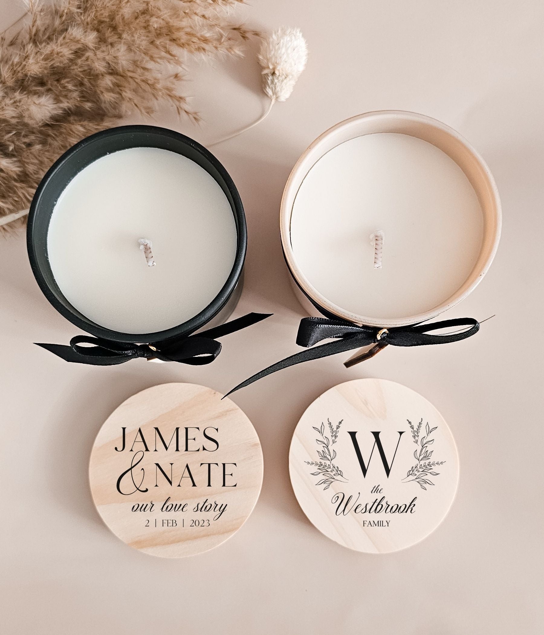 Anniversary candle gift with engraved wooden lid and custom date, handcrafted soy wax candle in modern jar